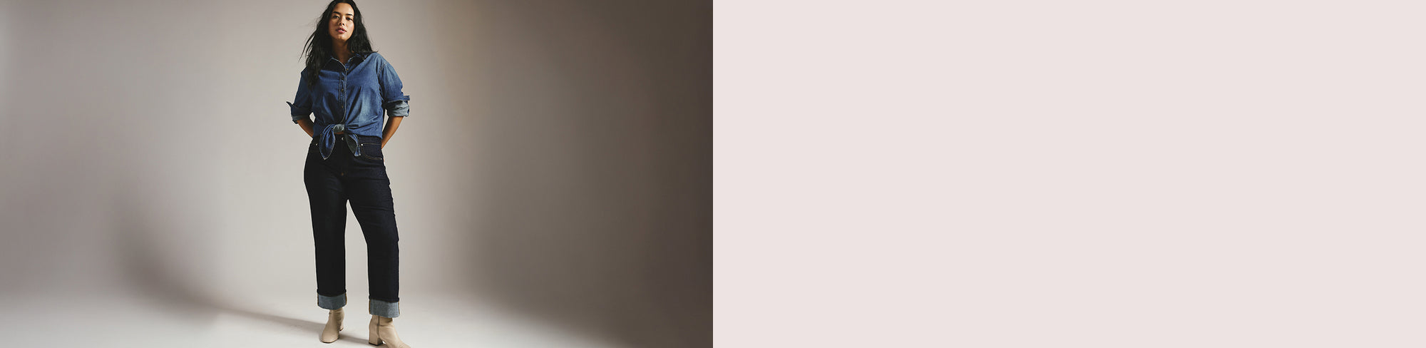 Model wearing styles from the Denim - Straight collection