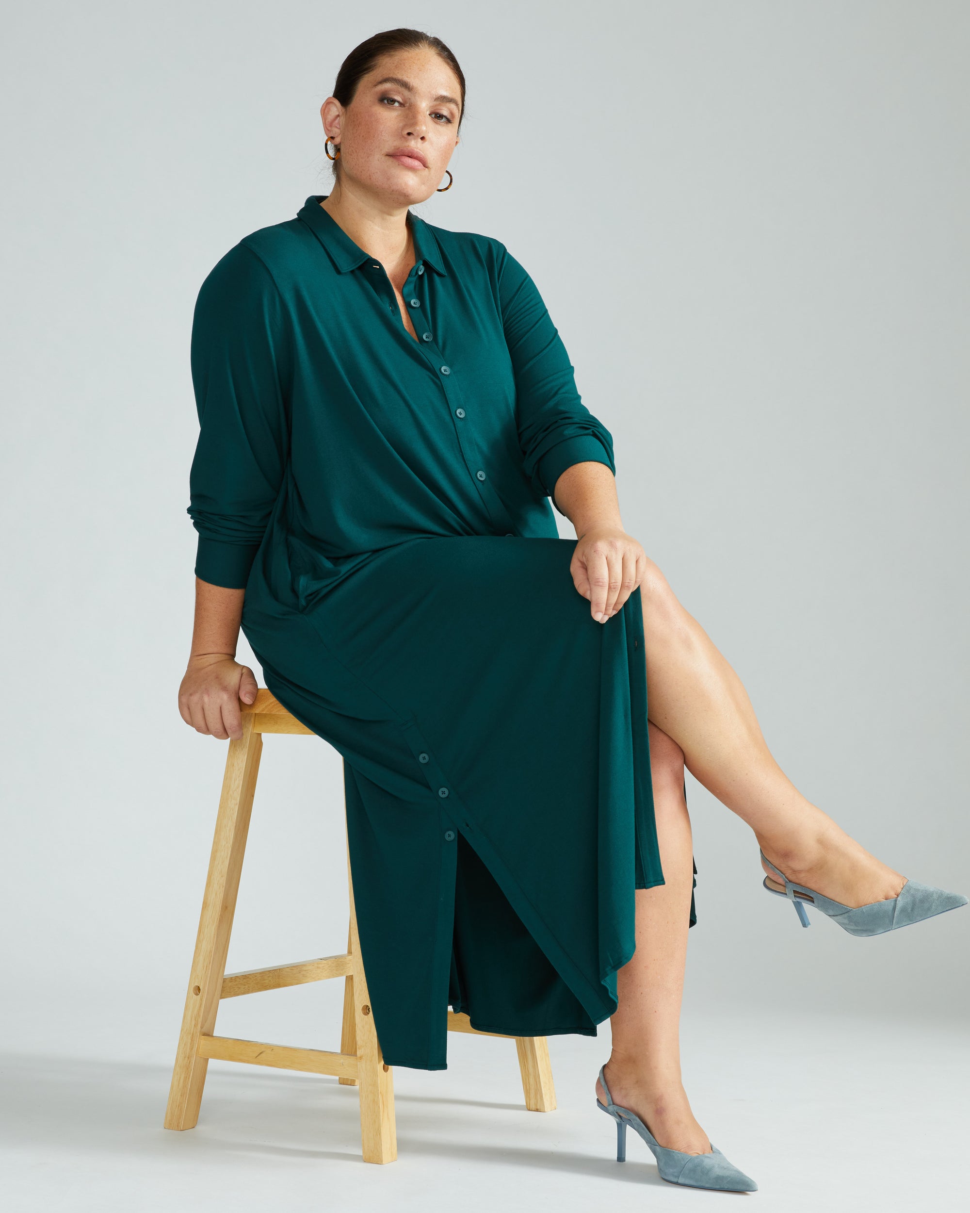 Sally Liquid Jersey Shirt Dress - Forest Green