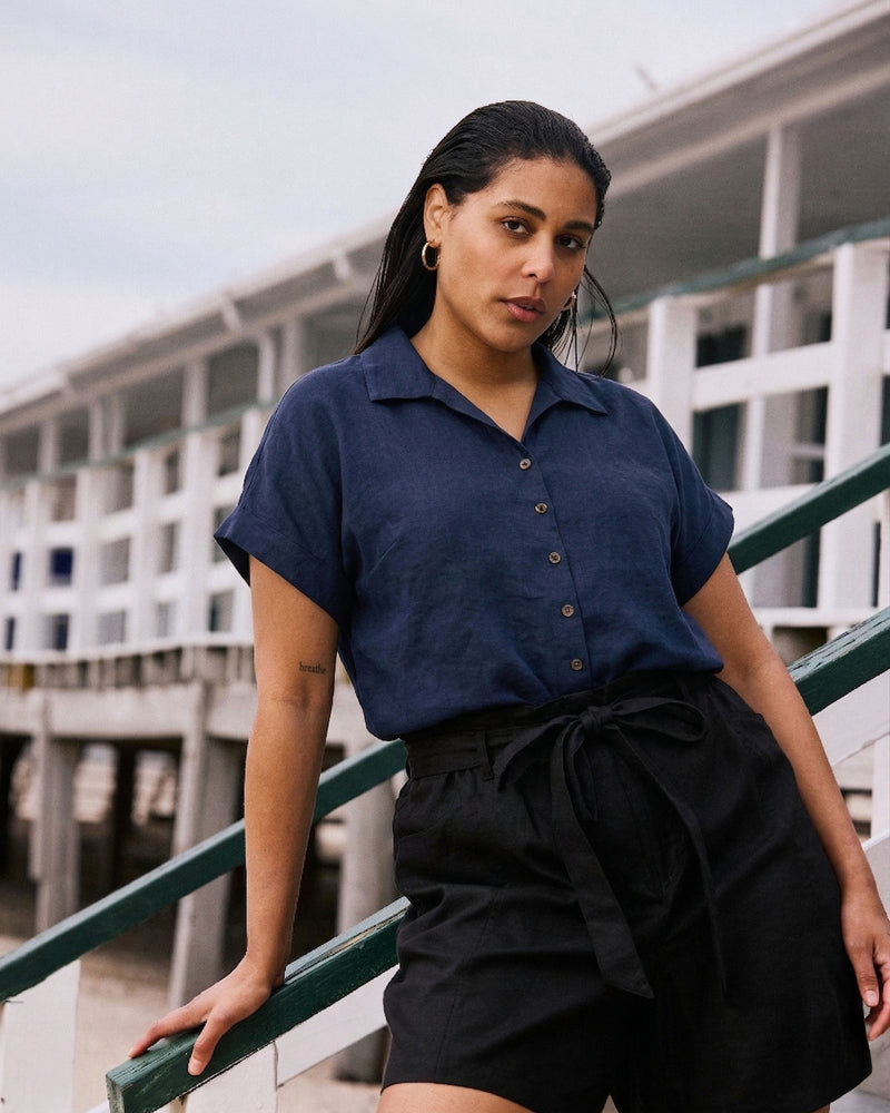 Sandy Short Sleeve Stretch Linen Shirt - Navy | Plus Size & Straight Size Women's Fashion | Universal Standard