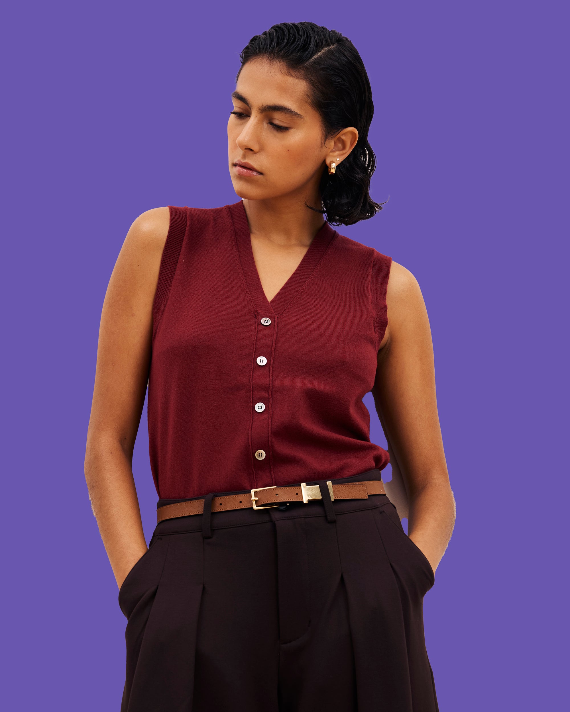 Savvy Fine Knit Cardigan Vest - Red Geranium