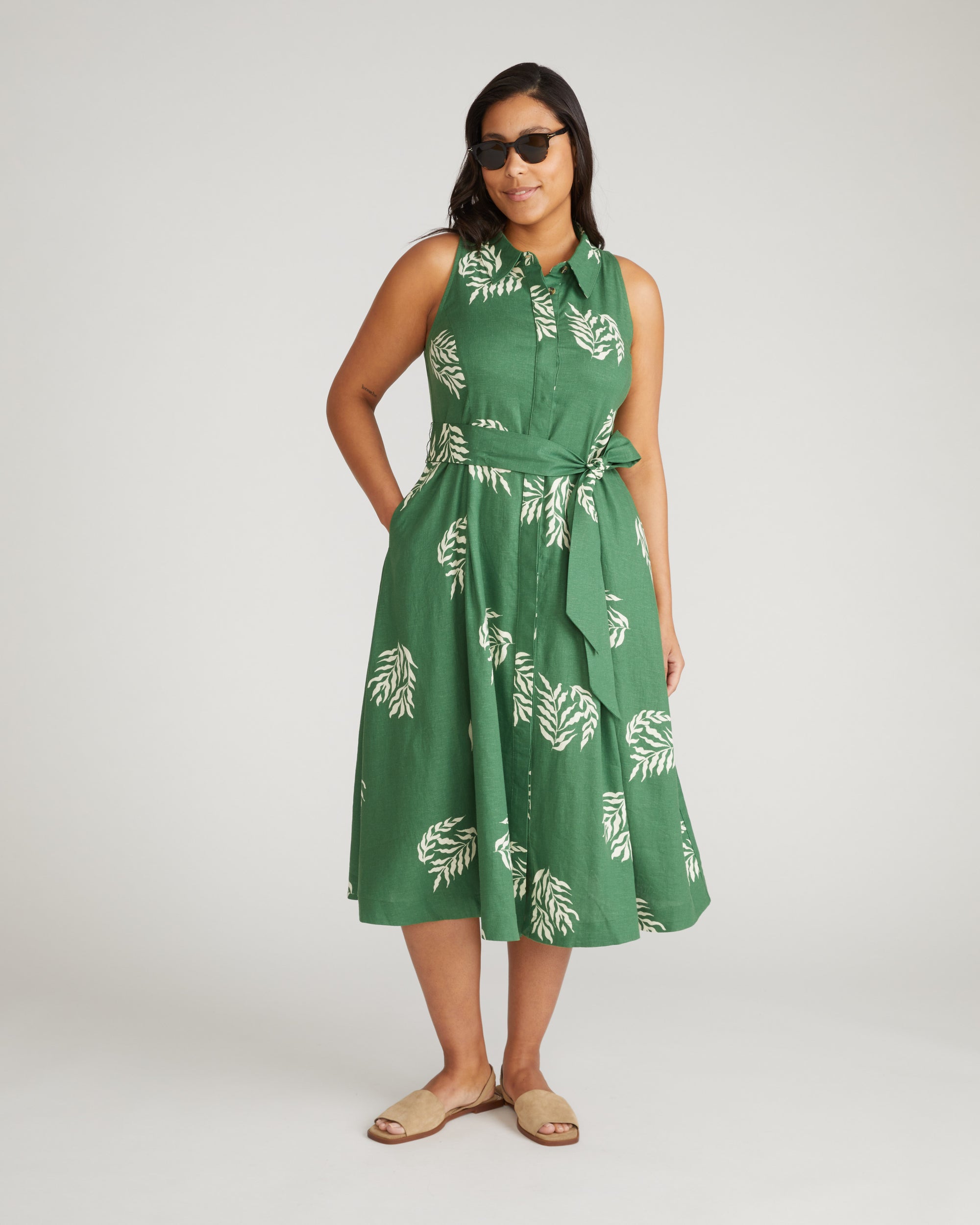 Adelaide Linen Shirtdress - Beachgrass Print in Green