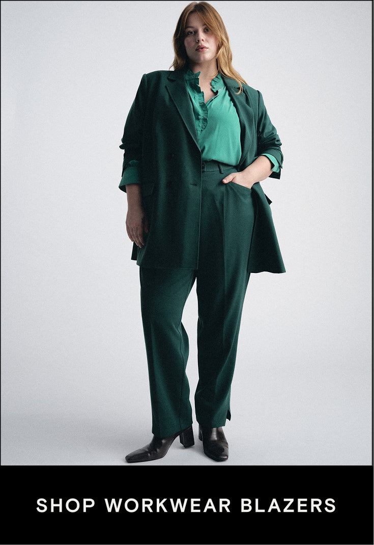 this is a featured product image of a green suit with the cta shop workwear blazers