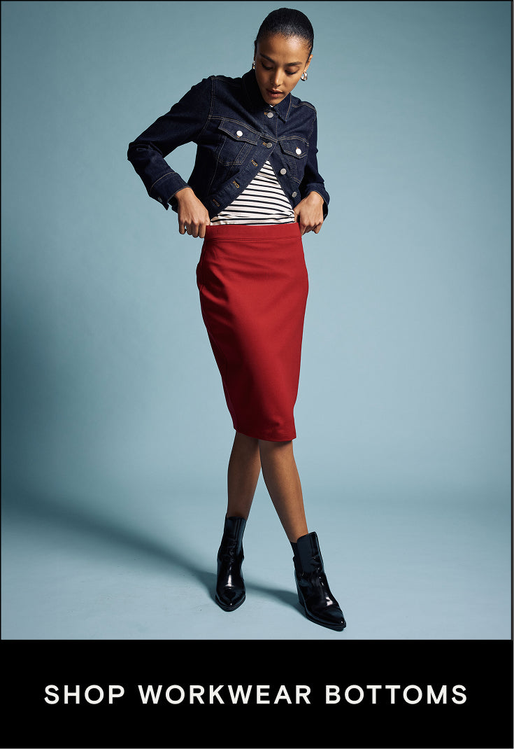 this is a featured product image with a denim jacket, striped shirt, and red pencil skirt with button saying shop workwear bottoms