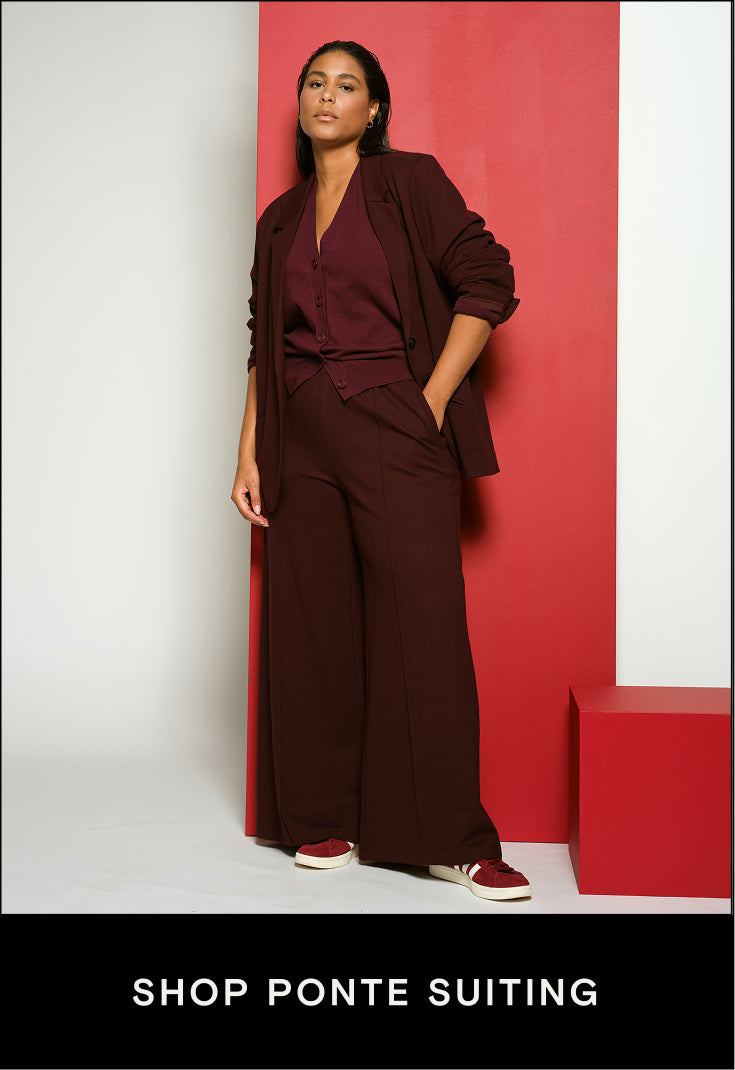 this is a featured product image with a red ponte suit and sweater vest with button saying shop ponte suiting