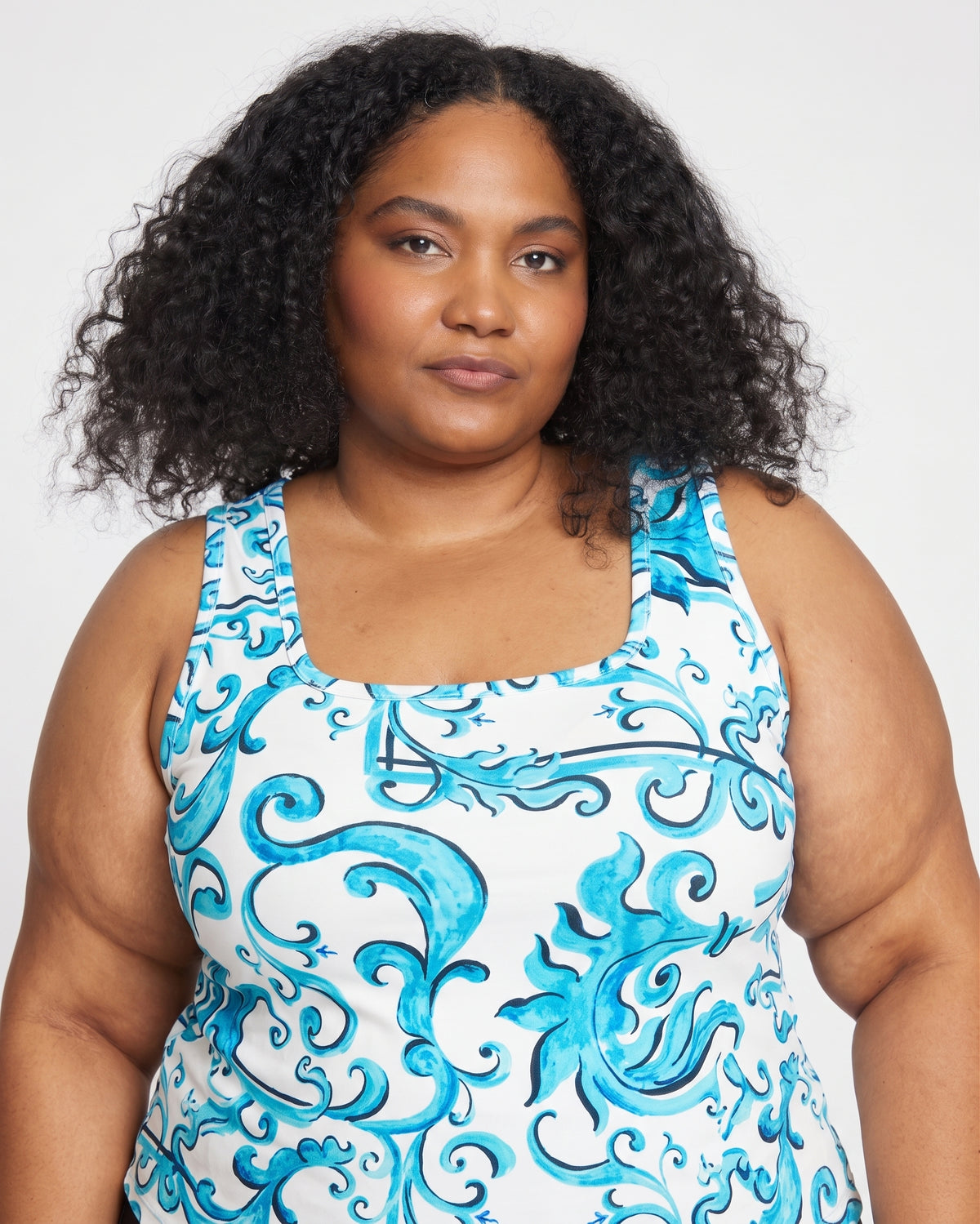 Square Neck Tank Top - Blue Majolica Print