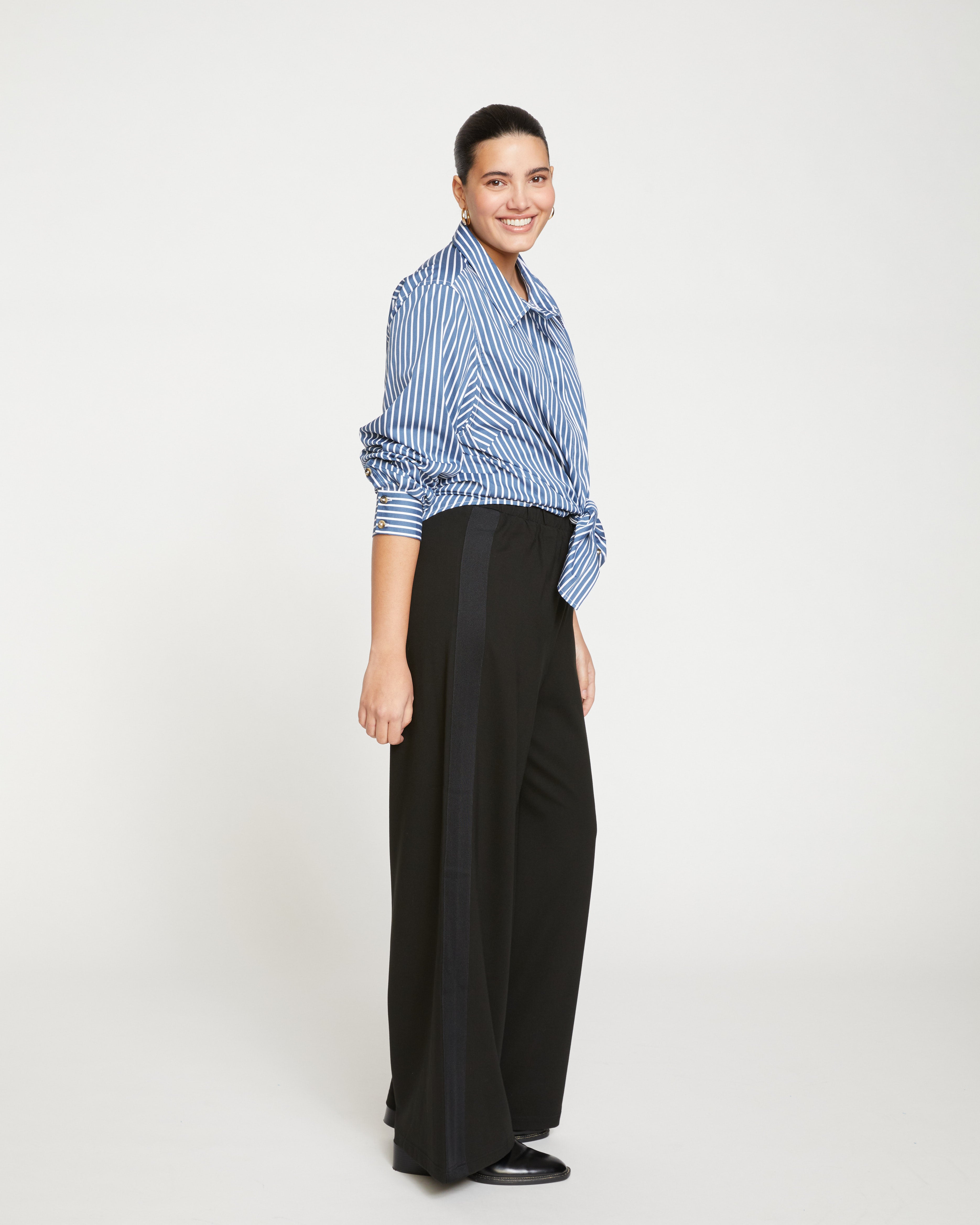 Stephanie Wide Leg Stripe Ponte Pants 33 Inch - Black with Black
