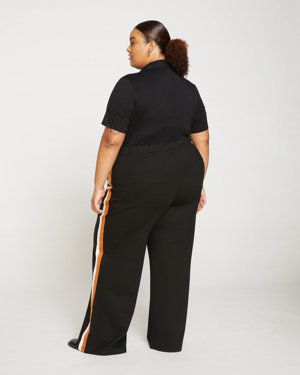 Stephanie Wide Leg Stripe Ponte Pants 33 Inch - Black with Ochre/White Stripe