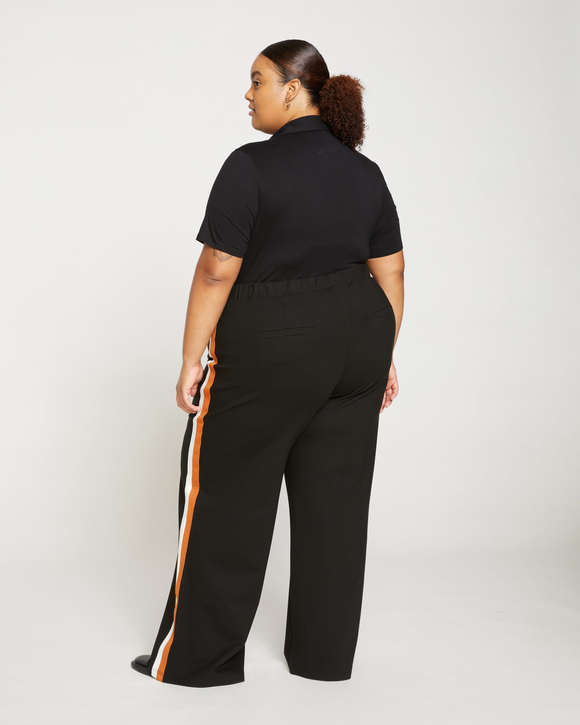 Stephanie Wide Leg Stripe Ponte Pants 33 Inch - Black with Ochre/White Stripe