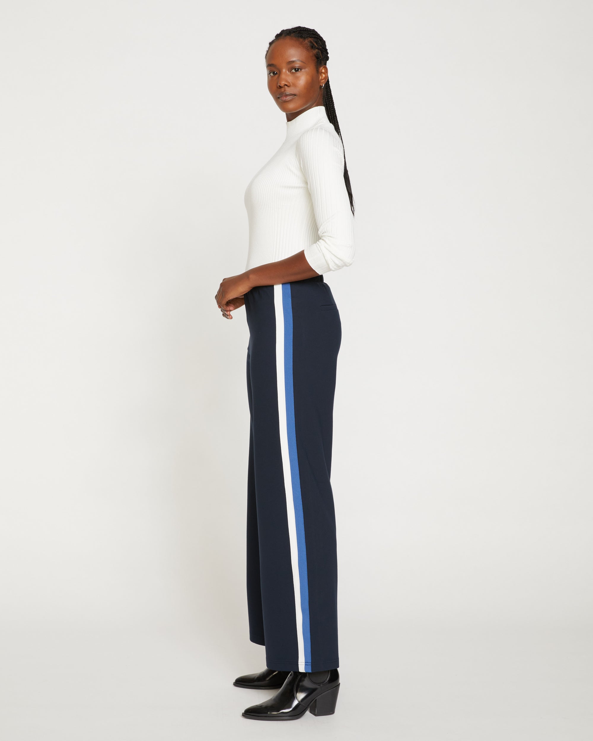Stephanie Wide Leg Stripe Ponte Pants 33 Inch - Navy with Blue/White Stripe