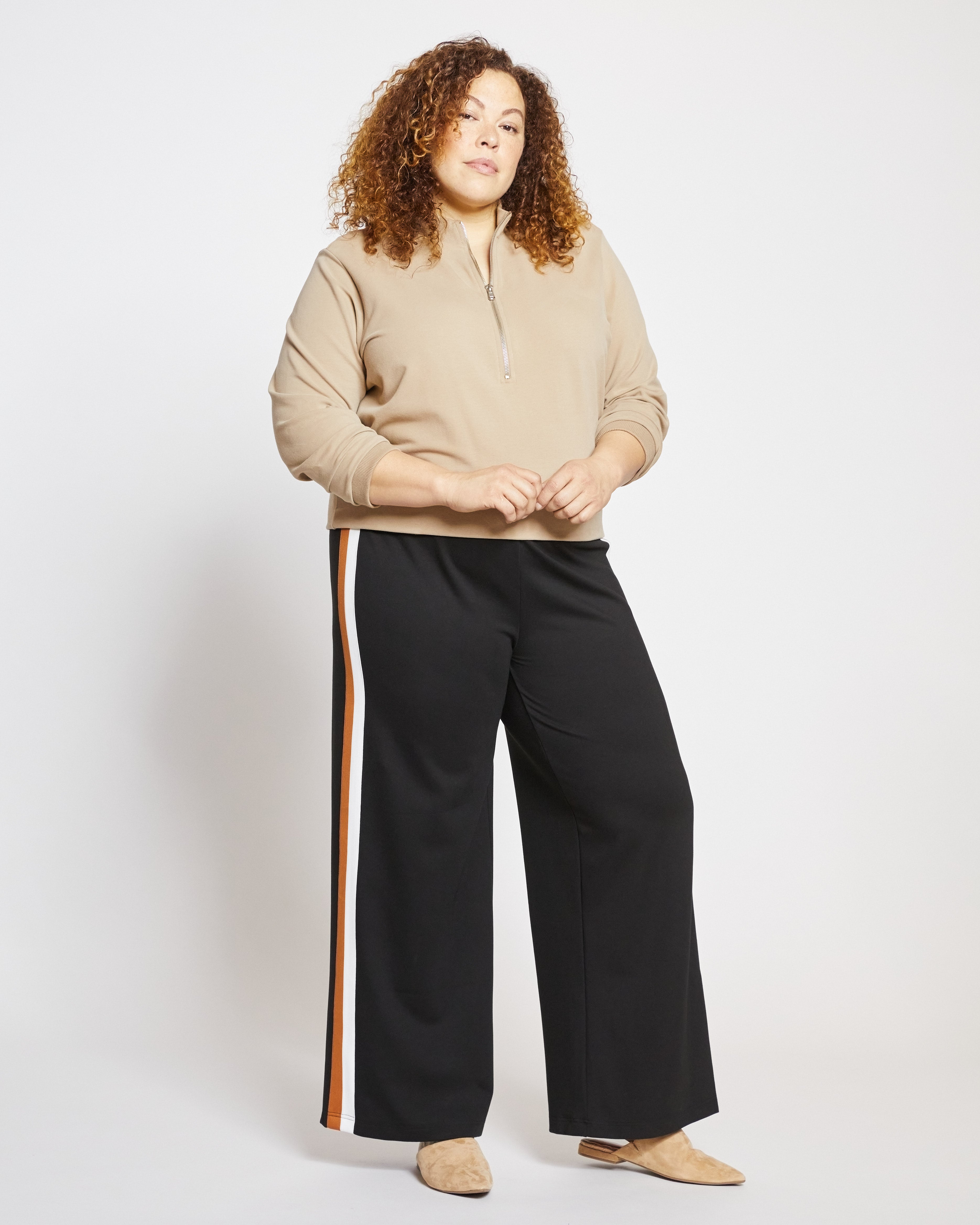 Stephanie Wide Leg Stripe Ponte Pants 27 Inch - Black with Ochre