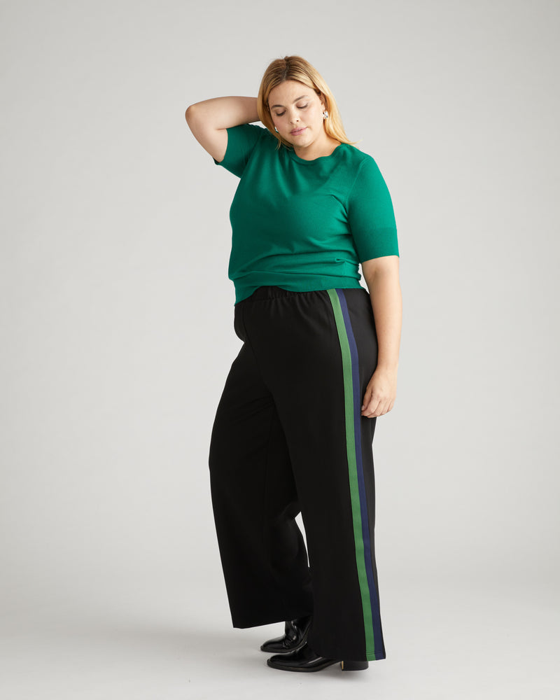 Stephanie Wide Leg Stripe Ponte Pants 30 Inch - Black with Jardin/Navy Stripe