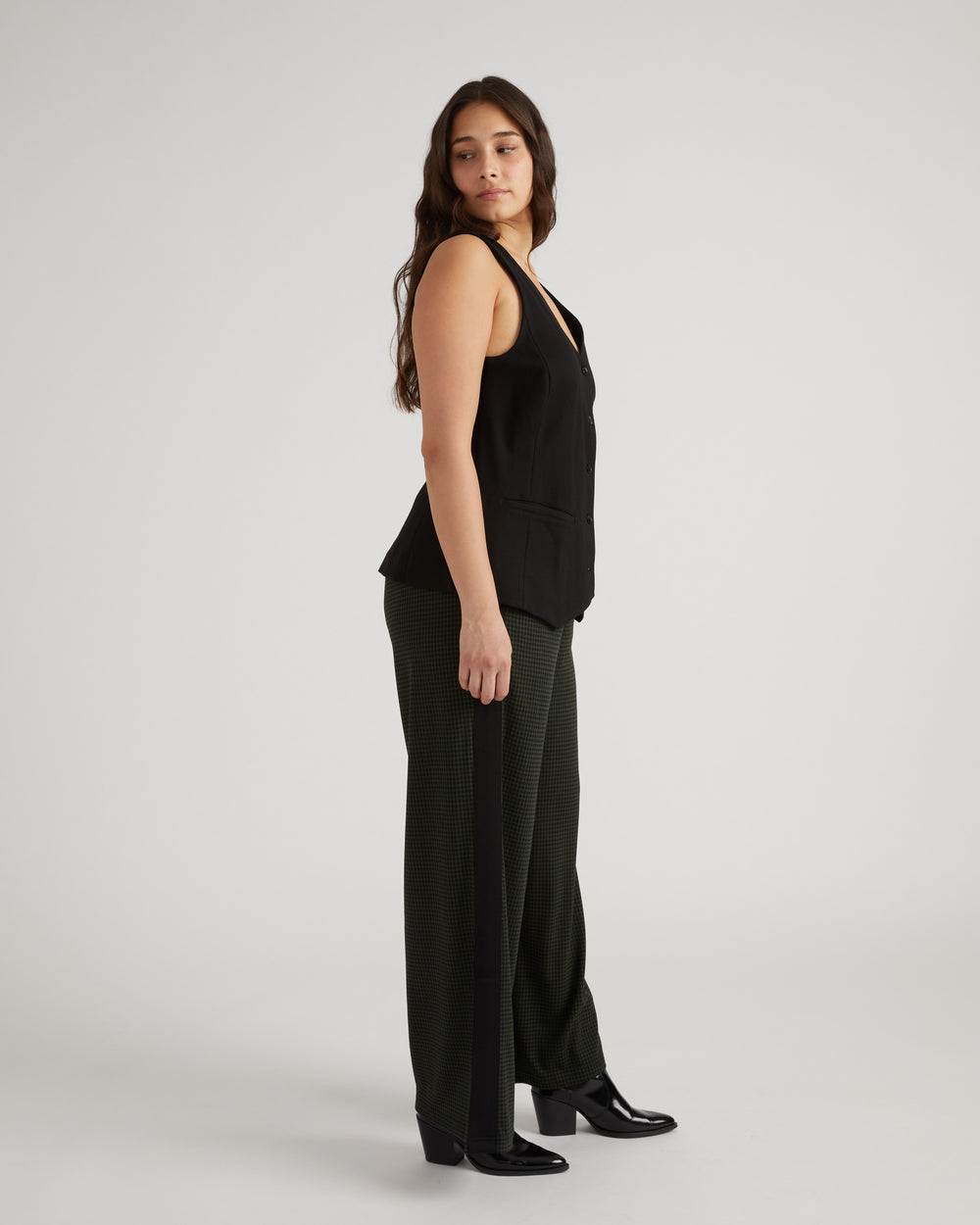 Stephanie Wide Leg Stripe Ponte Pants 30 Inch - Forest Houndstooth with Black Stripe