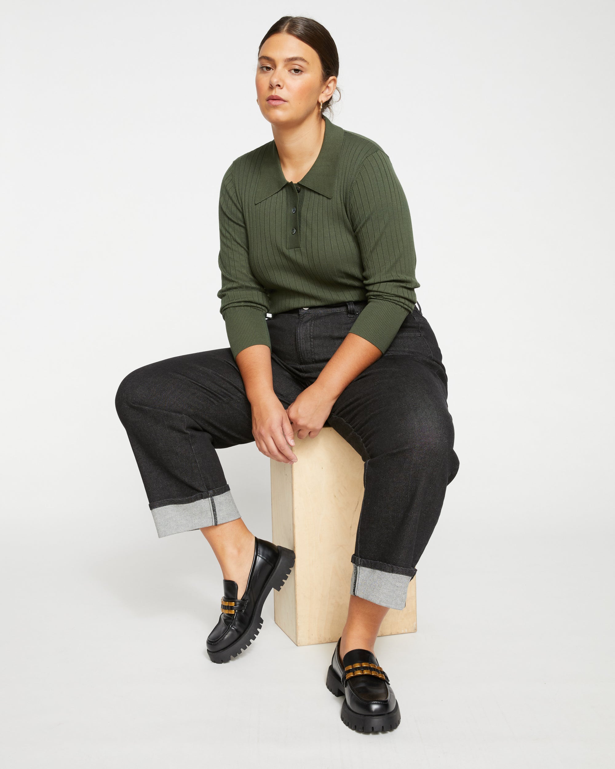 Stevie High Rise Cuffed Straight Leg Jeans Black Selvedge