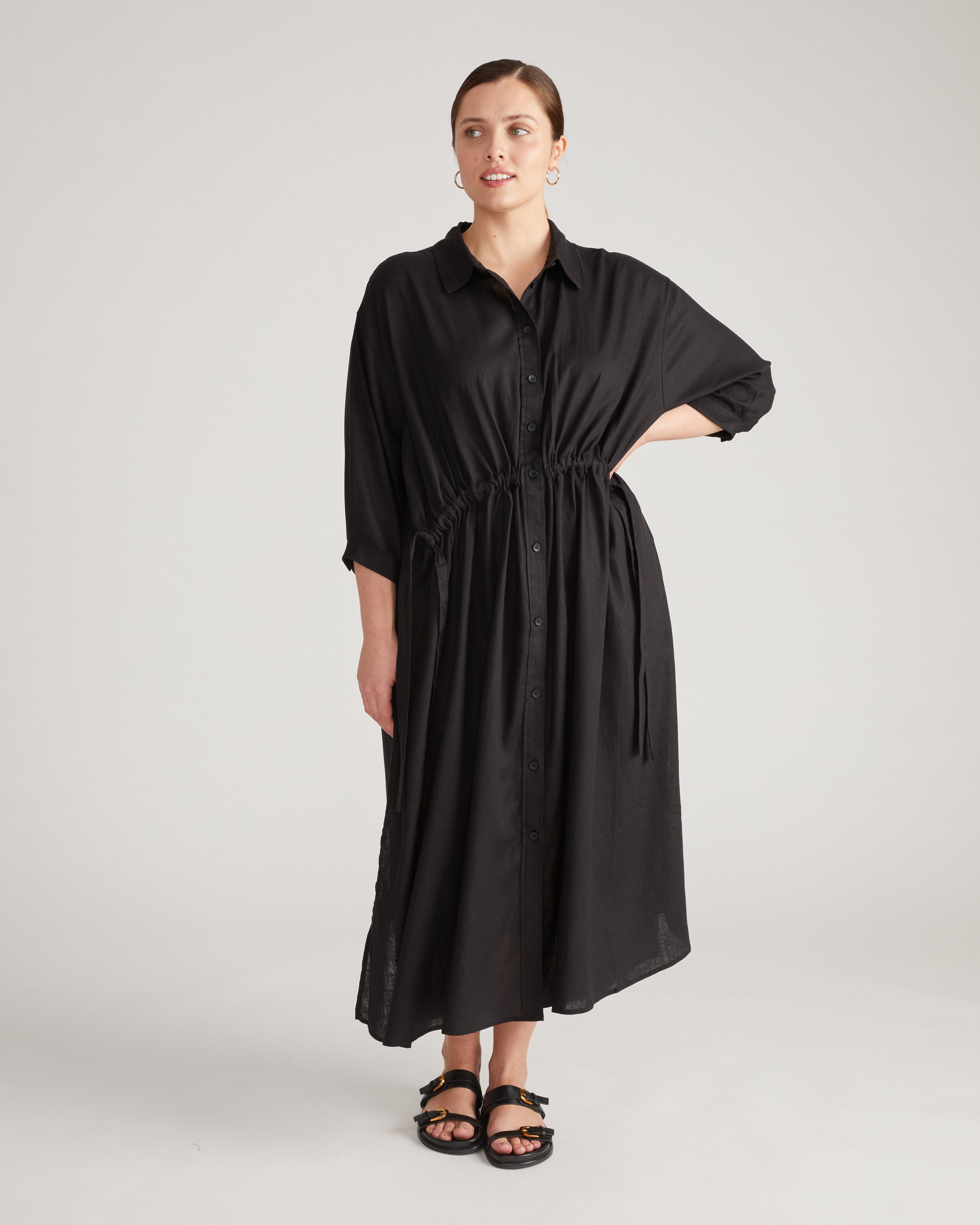Paros Drawstring Linen Shirtdress - Black – Universal Standard