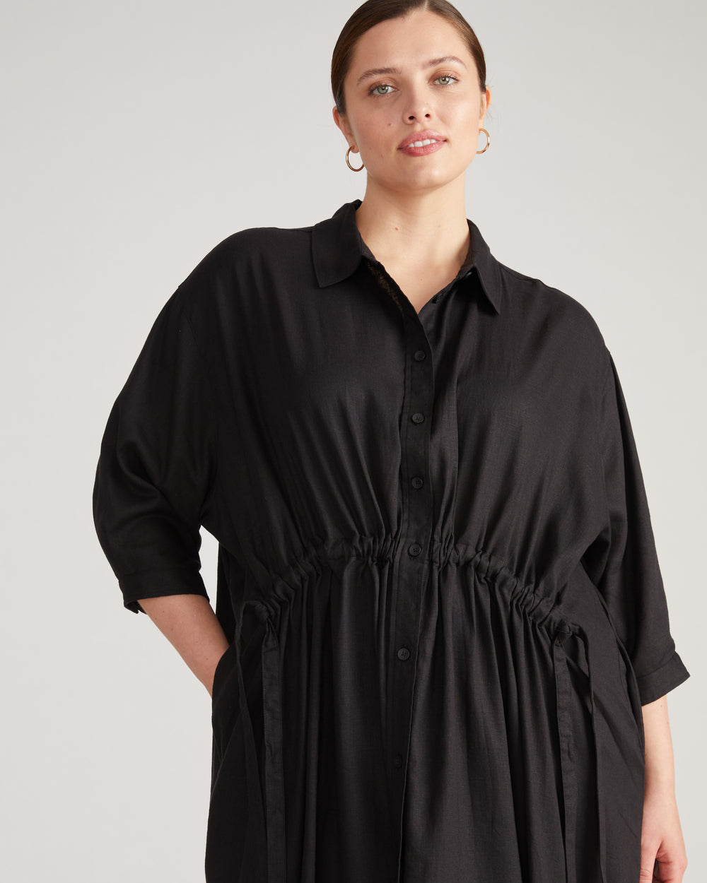 Paros Drawstring Linen Shirtdress - Black