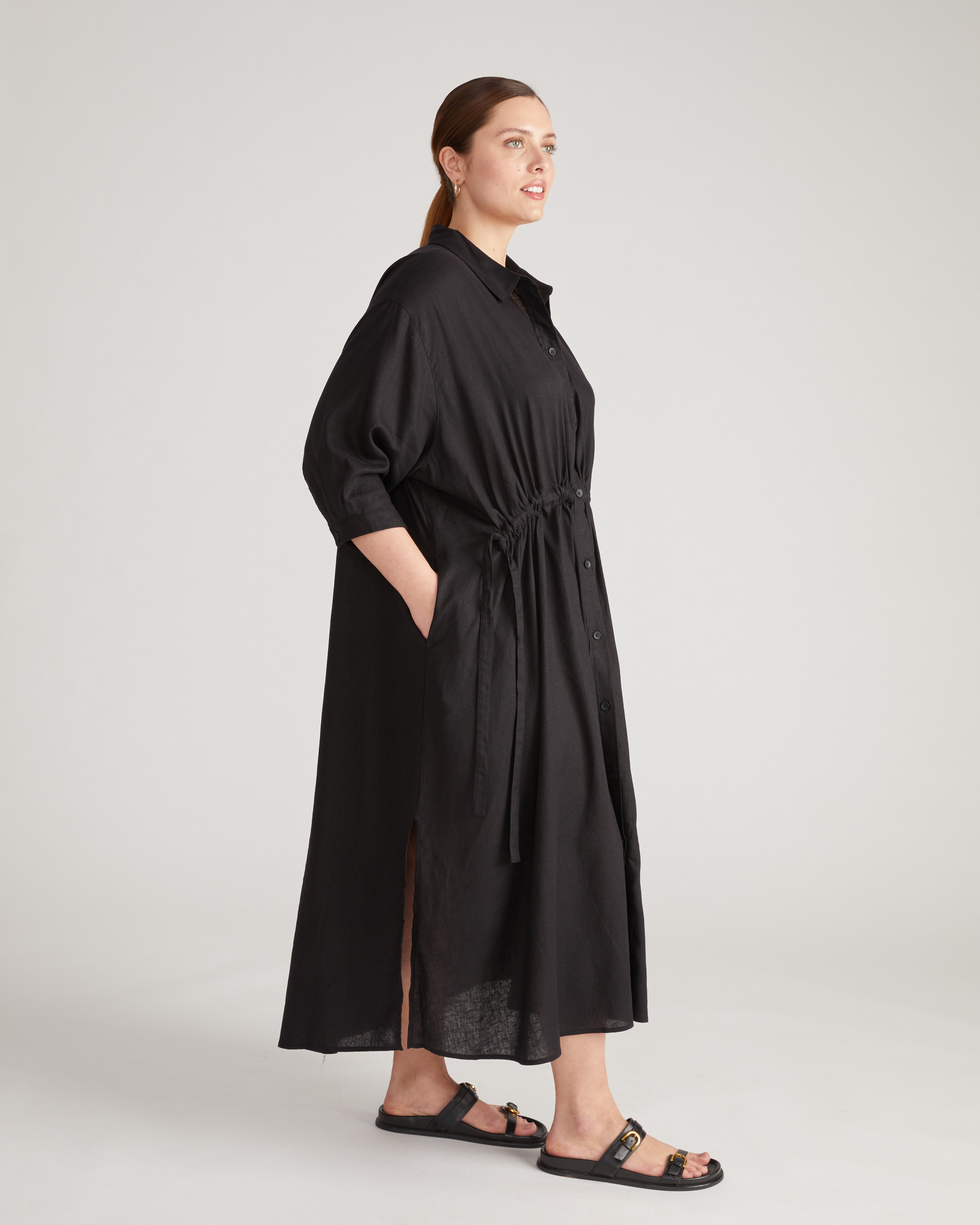 Paros Drawstring Linen Shirtdress - Black – Universal Standard