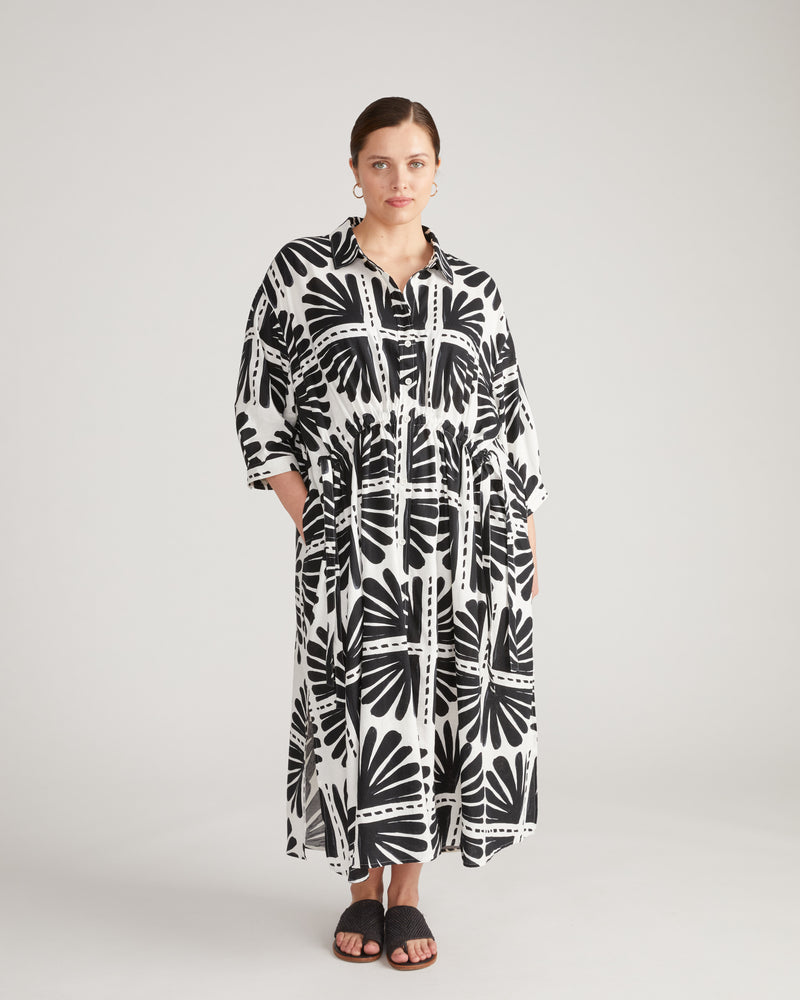 Paros Drawstring Linen Shirtdress - Ink Bloom Print
