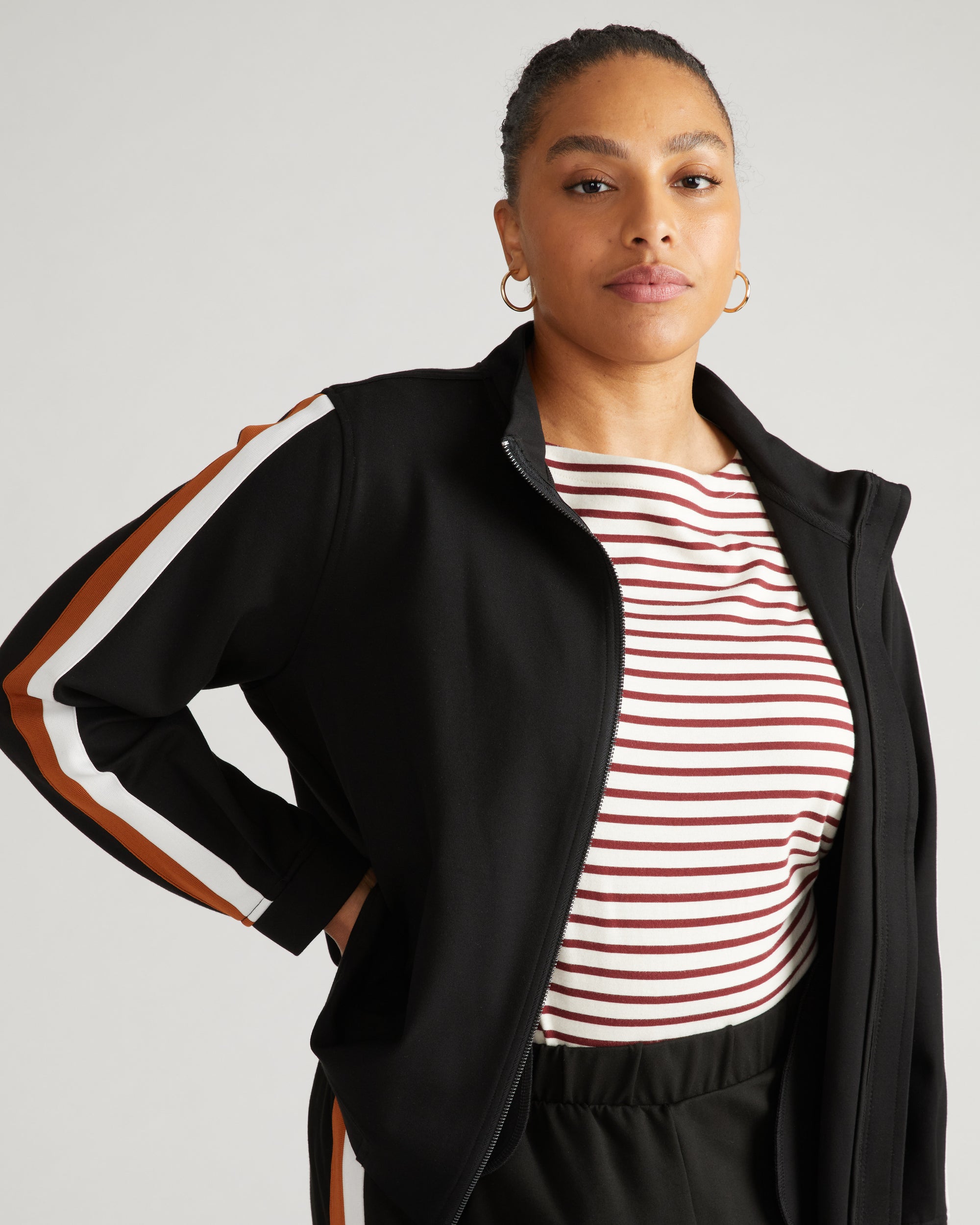 Camden Ponte Bomber Jacket - Black with Ochre/White Stripe | Plus Size & Straight Size Women's Fashion | Universal Standard