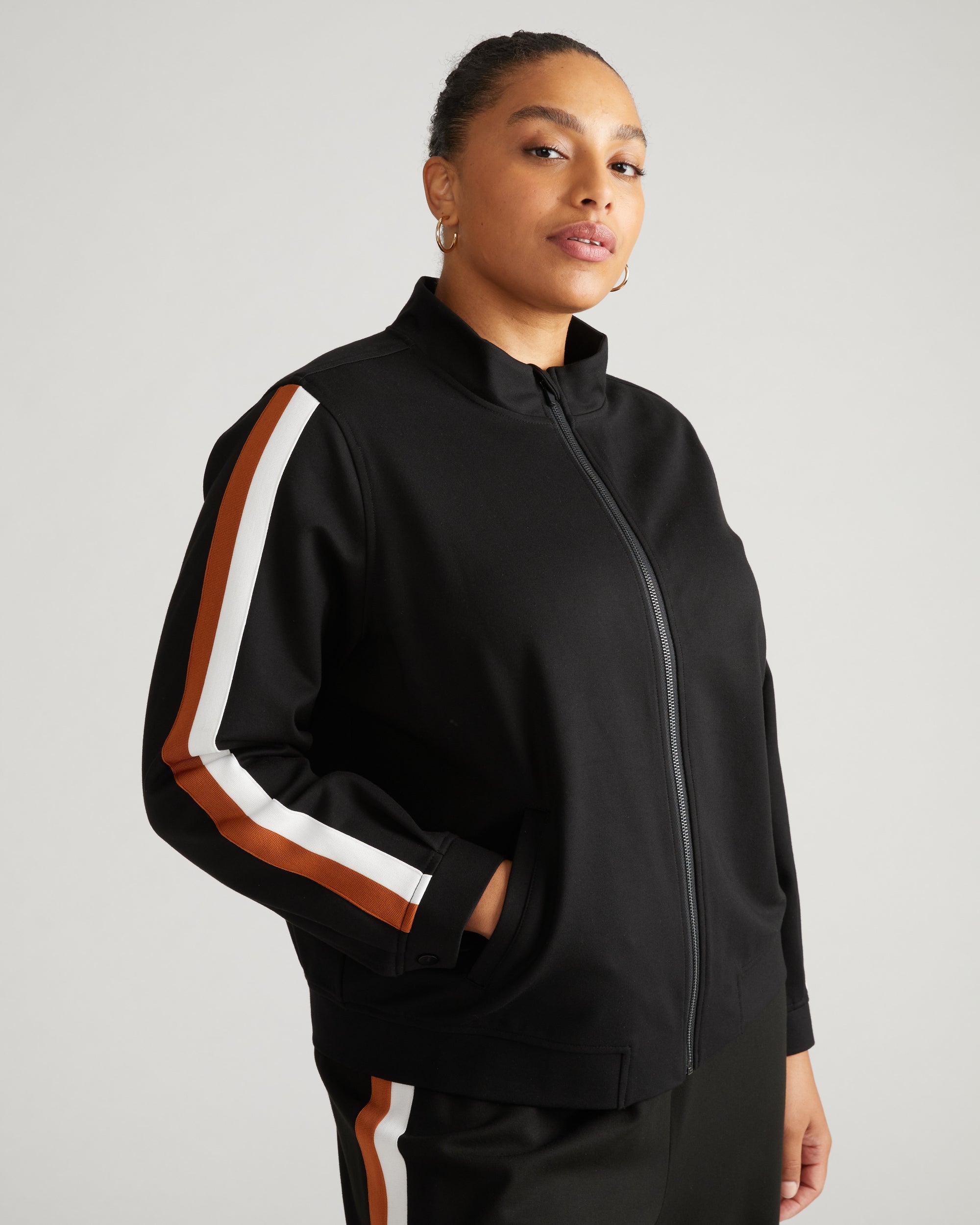 Camden Ponte Bomber Jacket - Black with Ochre/White Stripe | Plus Size & Straight Size Women's Fashion | Universal Standard