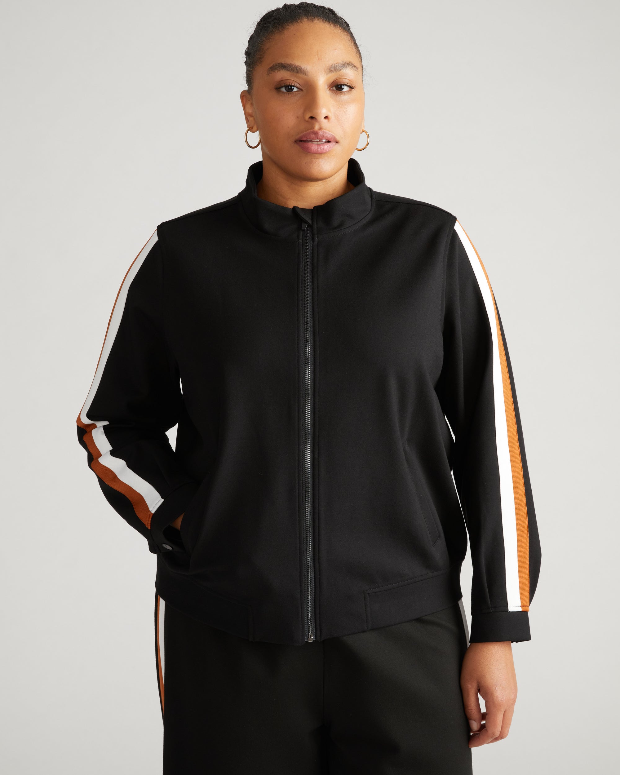 Camden Ponte Bomber Jacket - Black with Ochre/White Stripe | Plus Size & Straight Size Women's Fashion | Universal Standard
