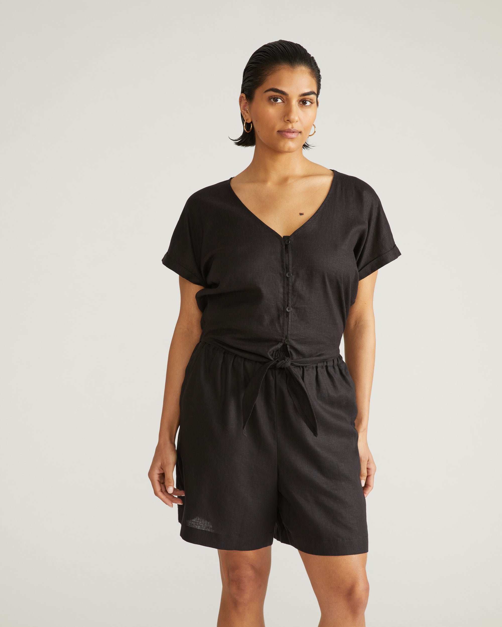 Tropez Tied Linen Crop Top - Black