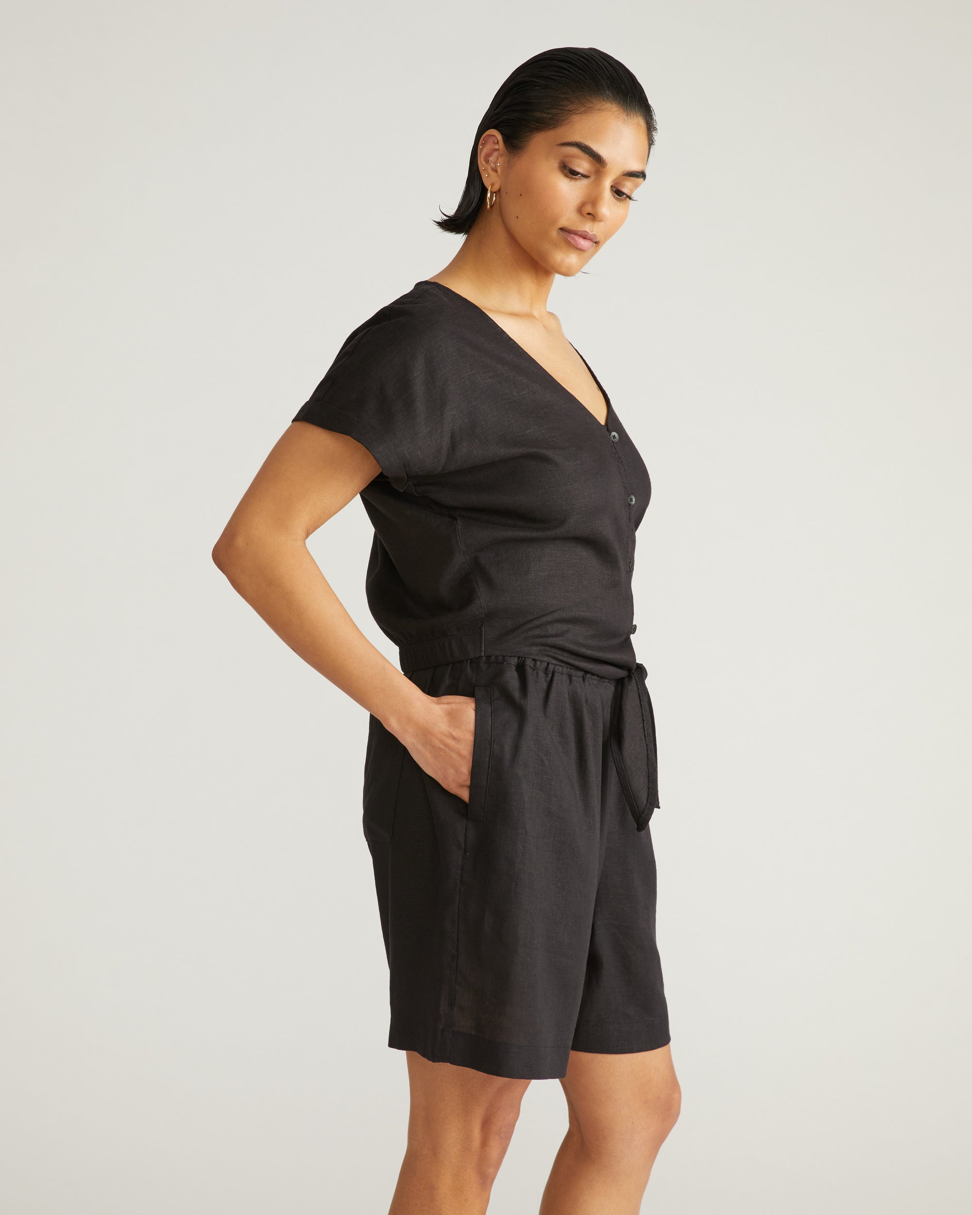 Tropez Tied Linen Crop Top - Black