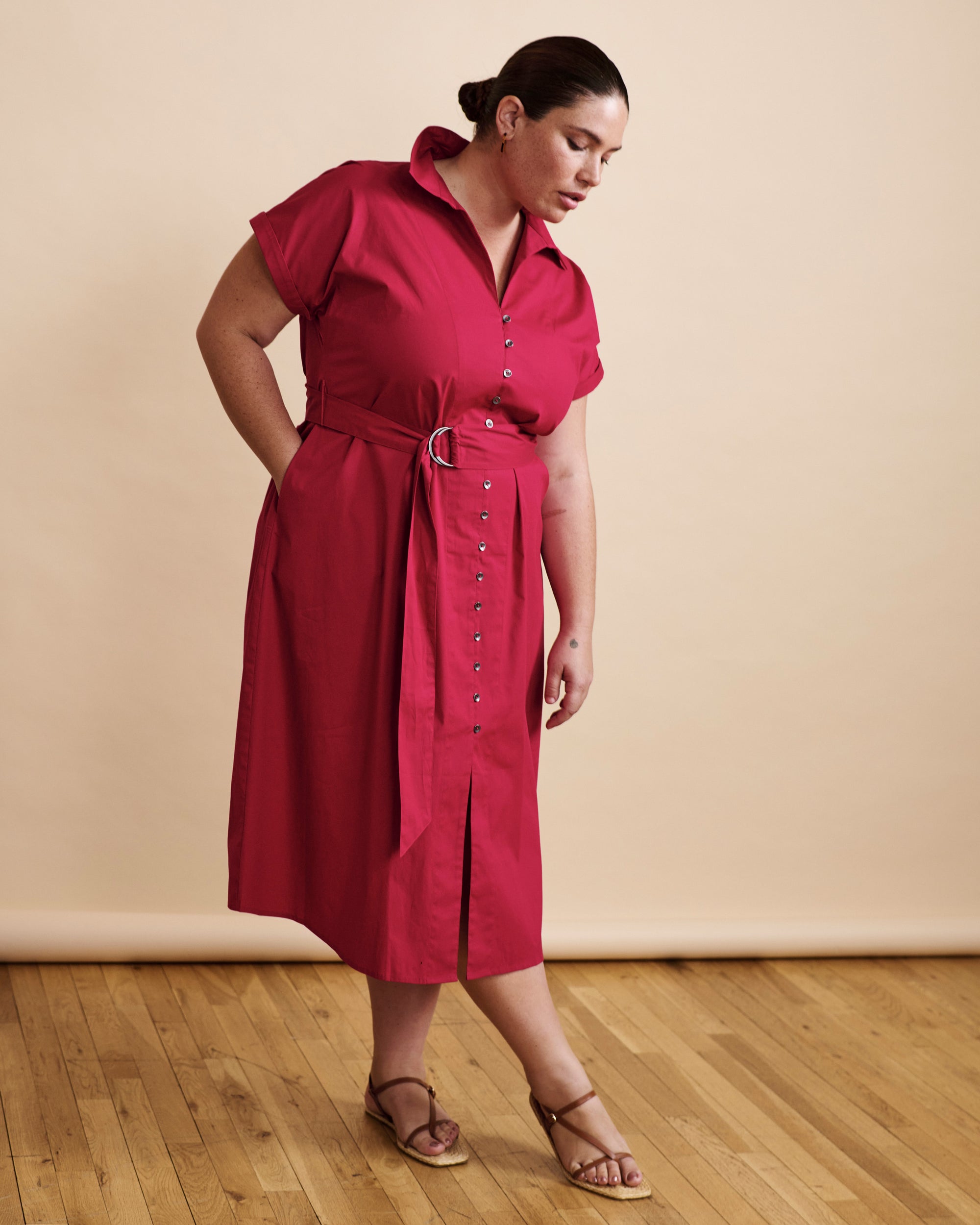 Sandy Stretch Poplin Shirtdress - Cerise