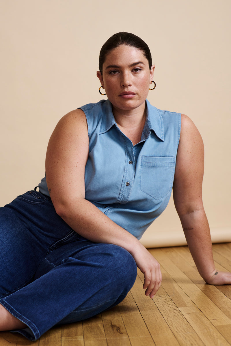 Perfect Tencel Chambray Sleeveless Shirt - Morning Blue | Plus Size & Straight Size Women's Fashion | Universal Standard