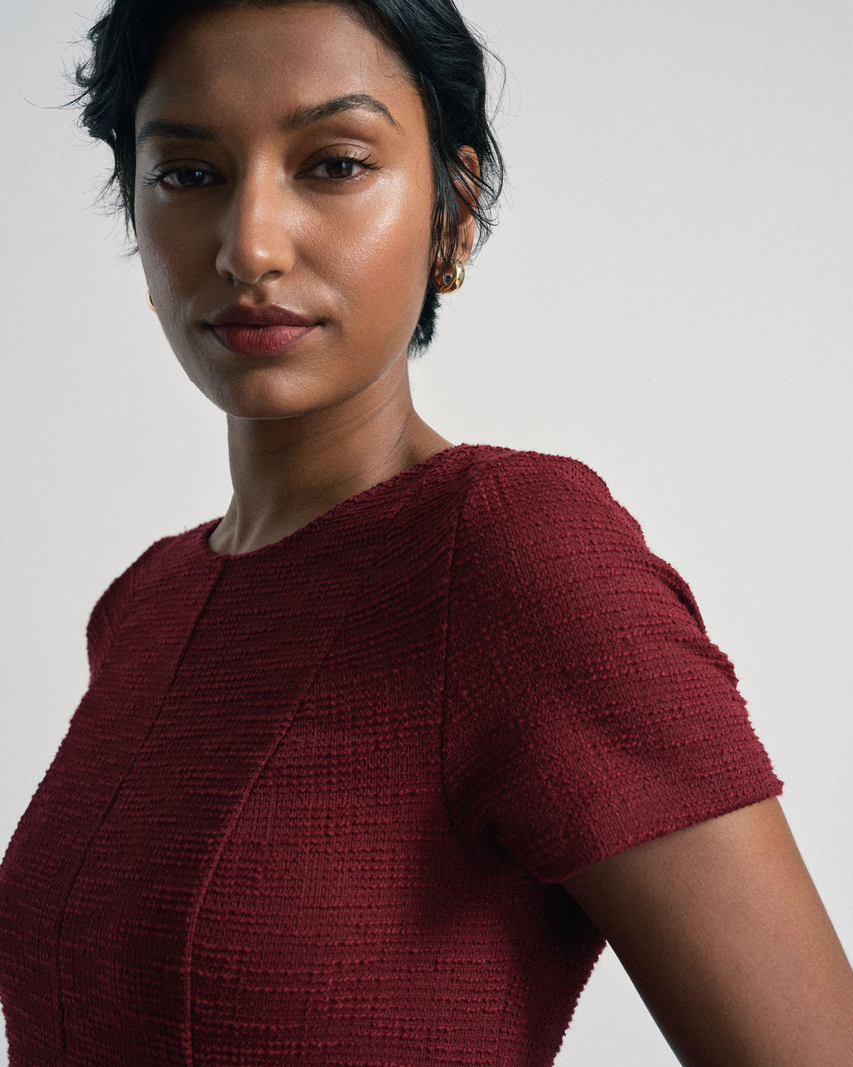 US x Abisola Ponte Tweed Dress - Deep Red Tweed