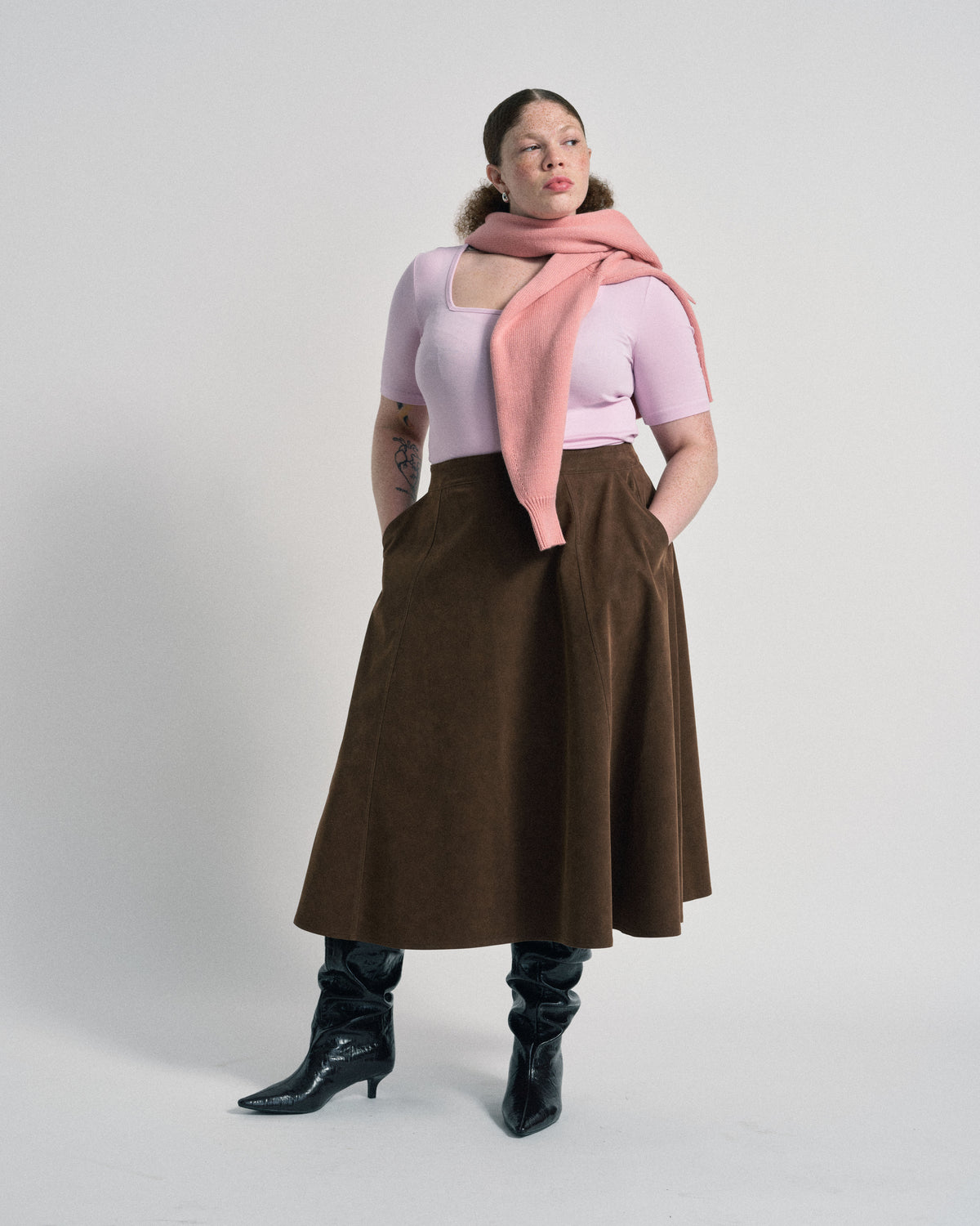 US x Abisola Faux Suede Skirt - Red Coffee
