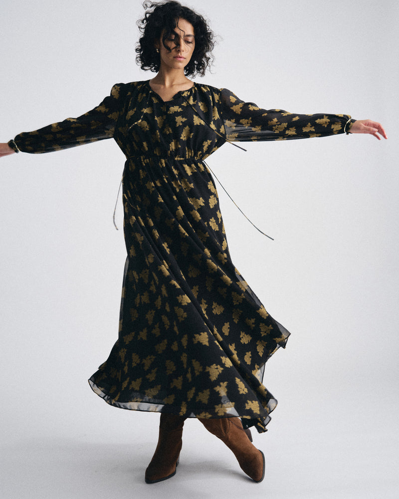 Karina Chiffon Dress - Gold Heirloom Print