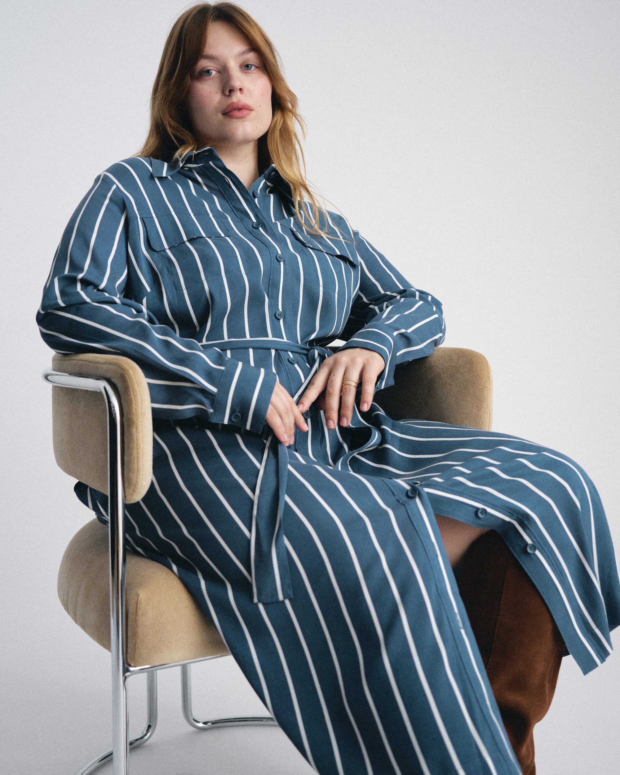 Woman wearing Cooling Stretch Cupro Savannah Dress - Ensign Blue/White Stripe from Universal Standard