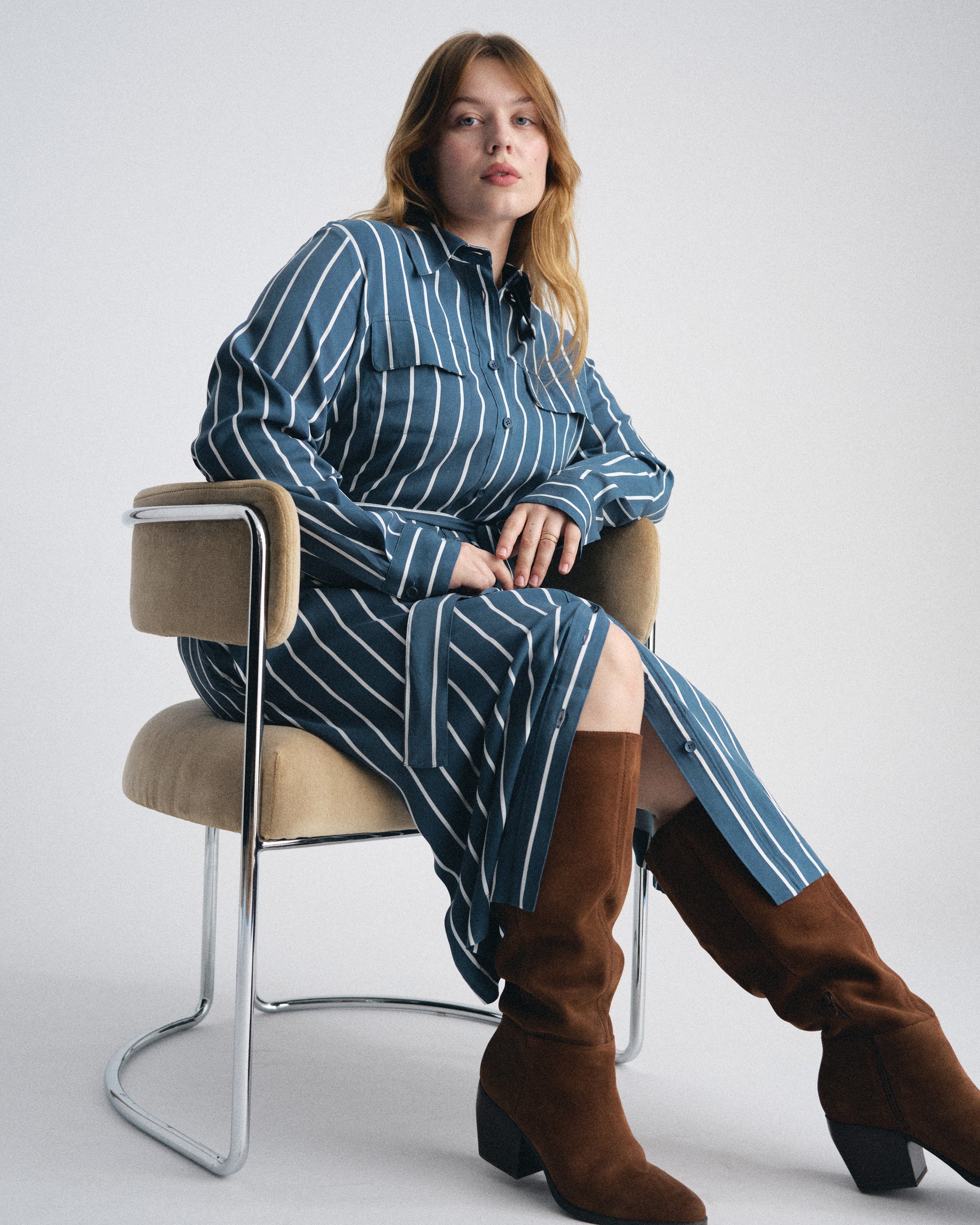 Woman wearing Cooling Stretch Cupro Savannah Dress - Ensign Blue/White Stripe from Universal Standard