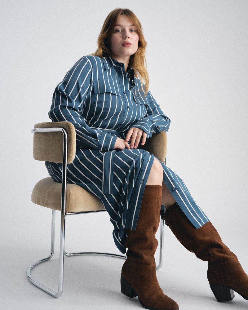 Woman wearing Cooling Stretch Cupro Savannah Dress - Ensign Blue/White Stripe from Universal Standard