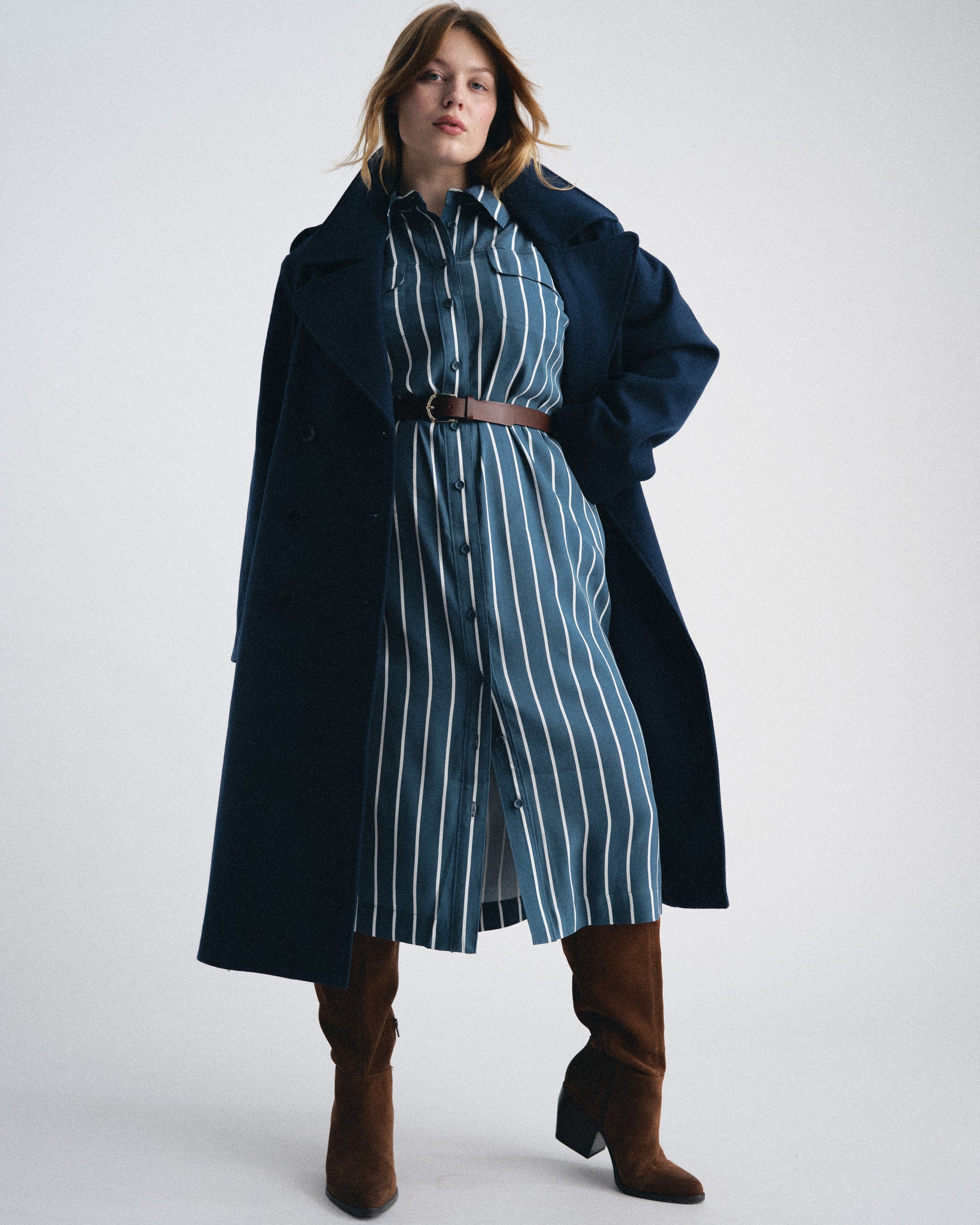 Woman wearing Cooling Stretch Cupro Savannah Dress - Ensign Blue/White Stripe from Universal Standard