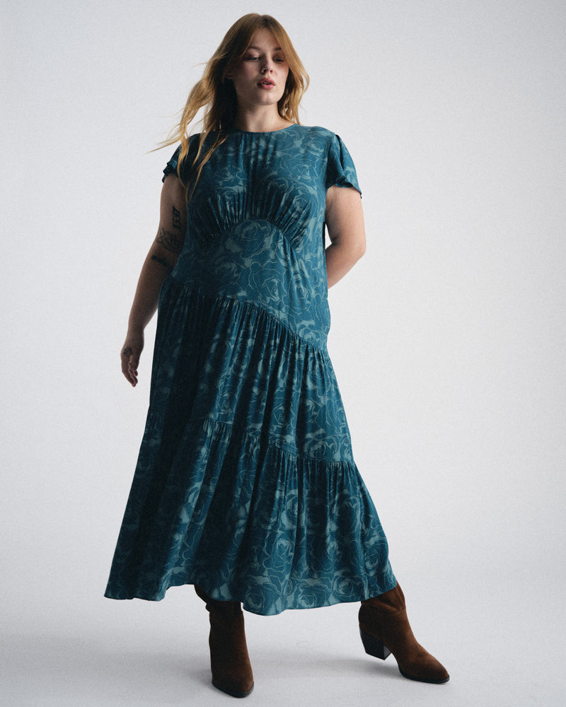 Mariella Stretch Cupro Dress - Rose Print in Deep Teal