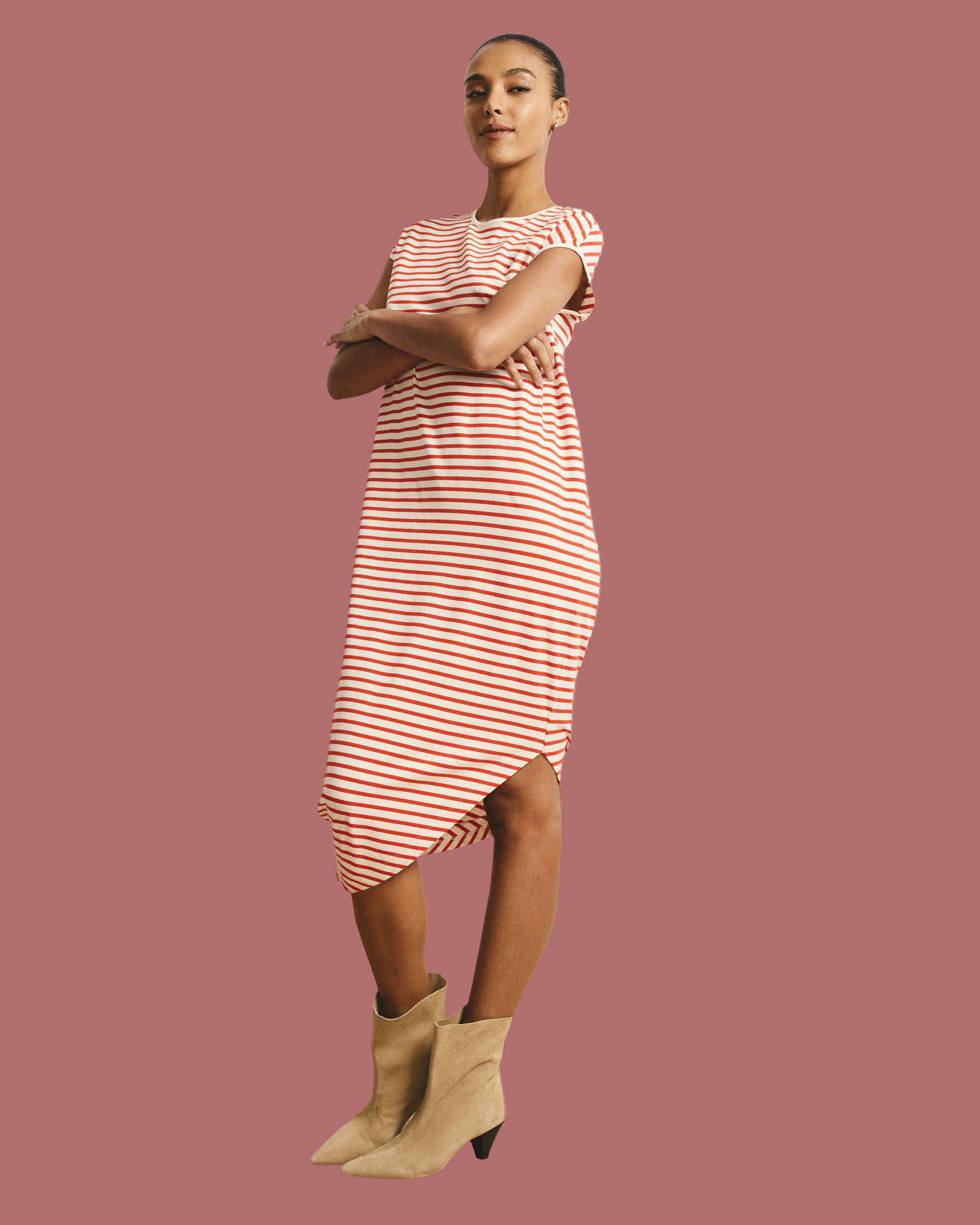 Iconic Geneva Dress - Ecru/Poppy Stripe