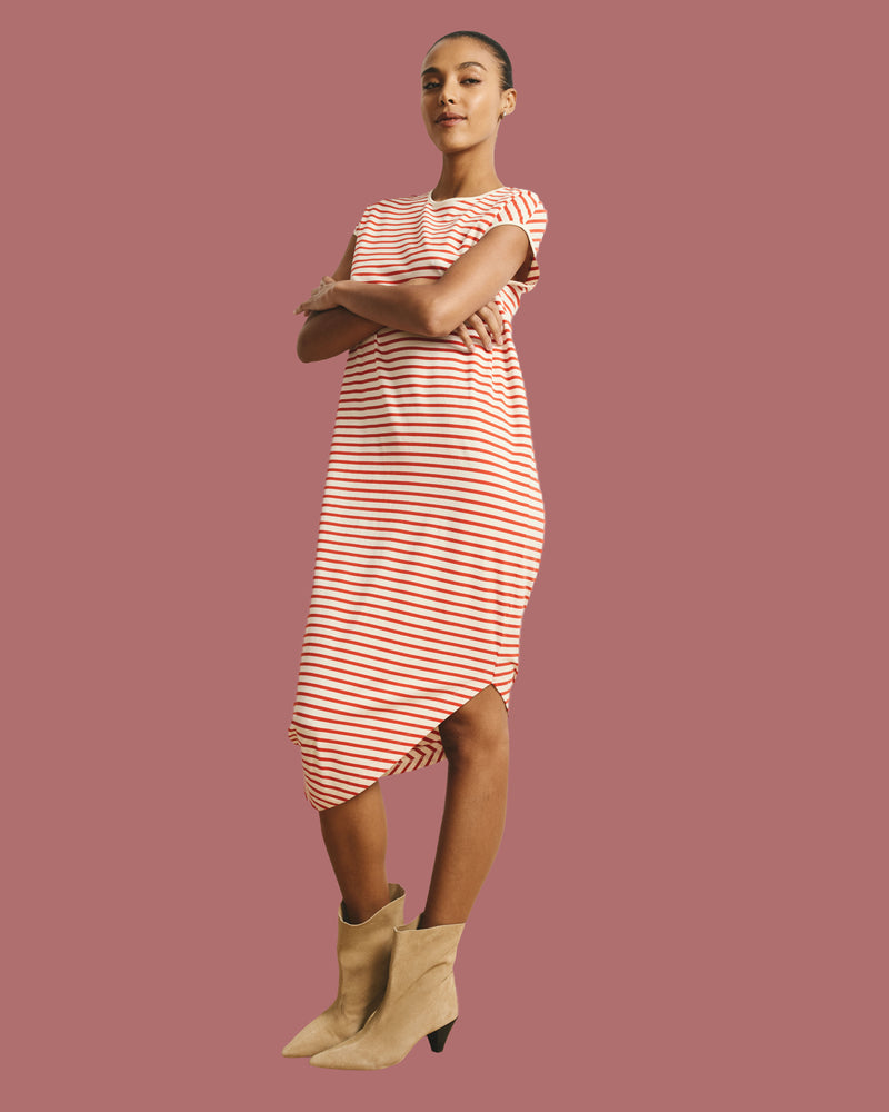 Iconic Geneva Dress - Ecru/Poppy Stripe