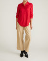 Woman wearing Elbe Popover Stretch Linen Shirt - Brilliant Red from Universal Standard