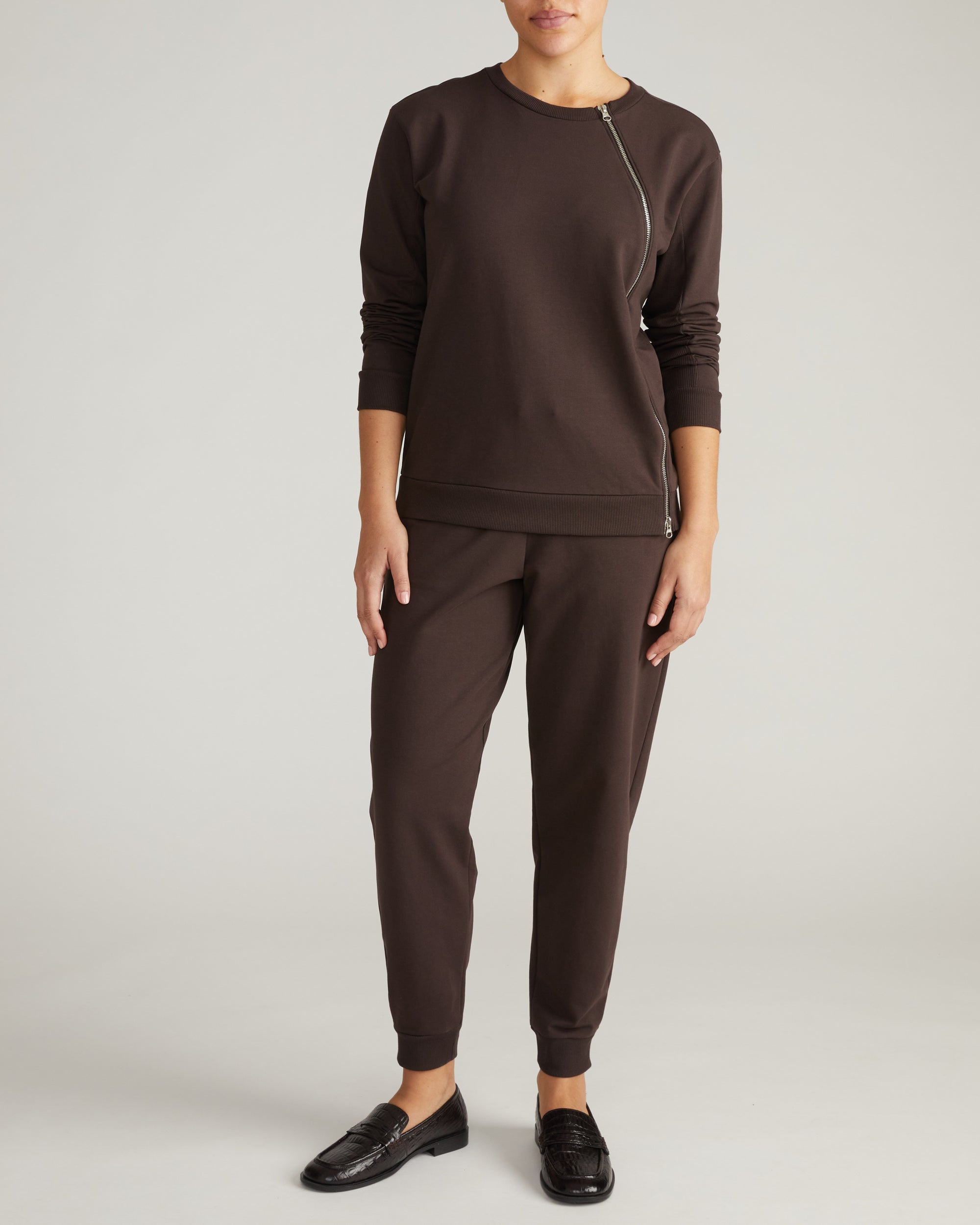 Woman wearing Meridien Zip Sweatshirt - Deep Brown from Universal Standard