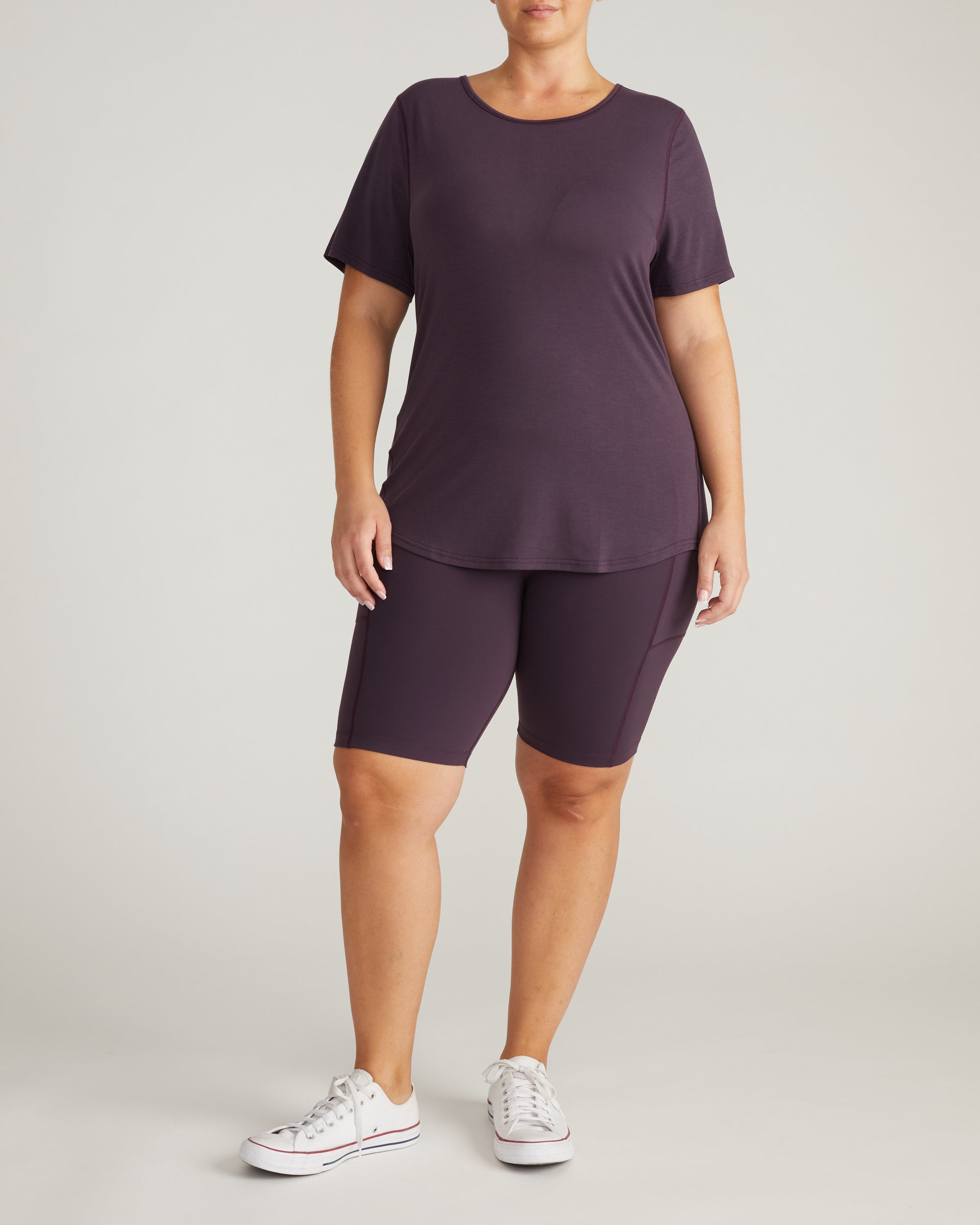 Woman wearing Mia Movement Tee - Purple Jewel from Universal Standard