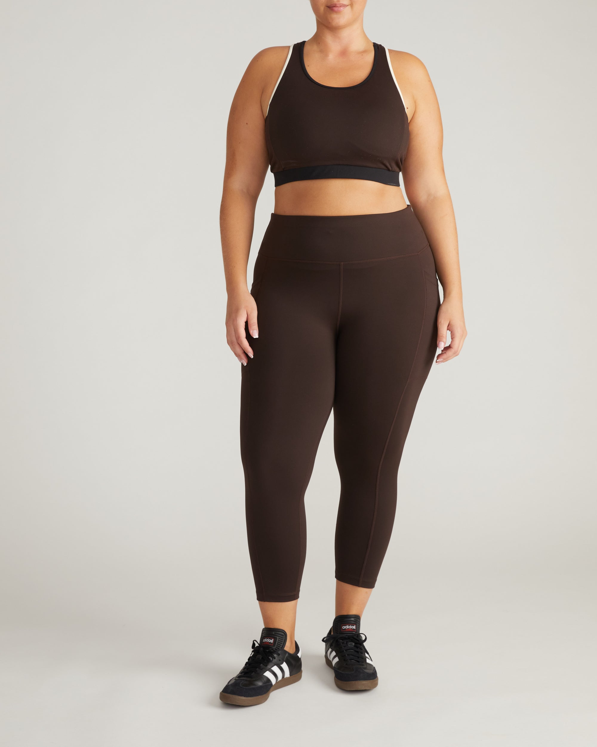 Next-to-Naked Racerback Sports Bra - Deep Brown/Dove Wing Trim | Plus Size & Straight Size Women's Fashion | Universal Standard