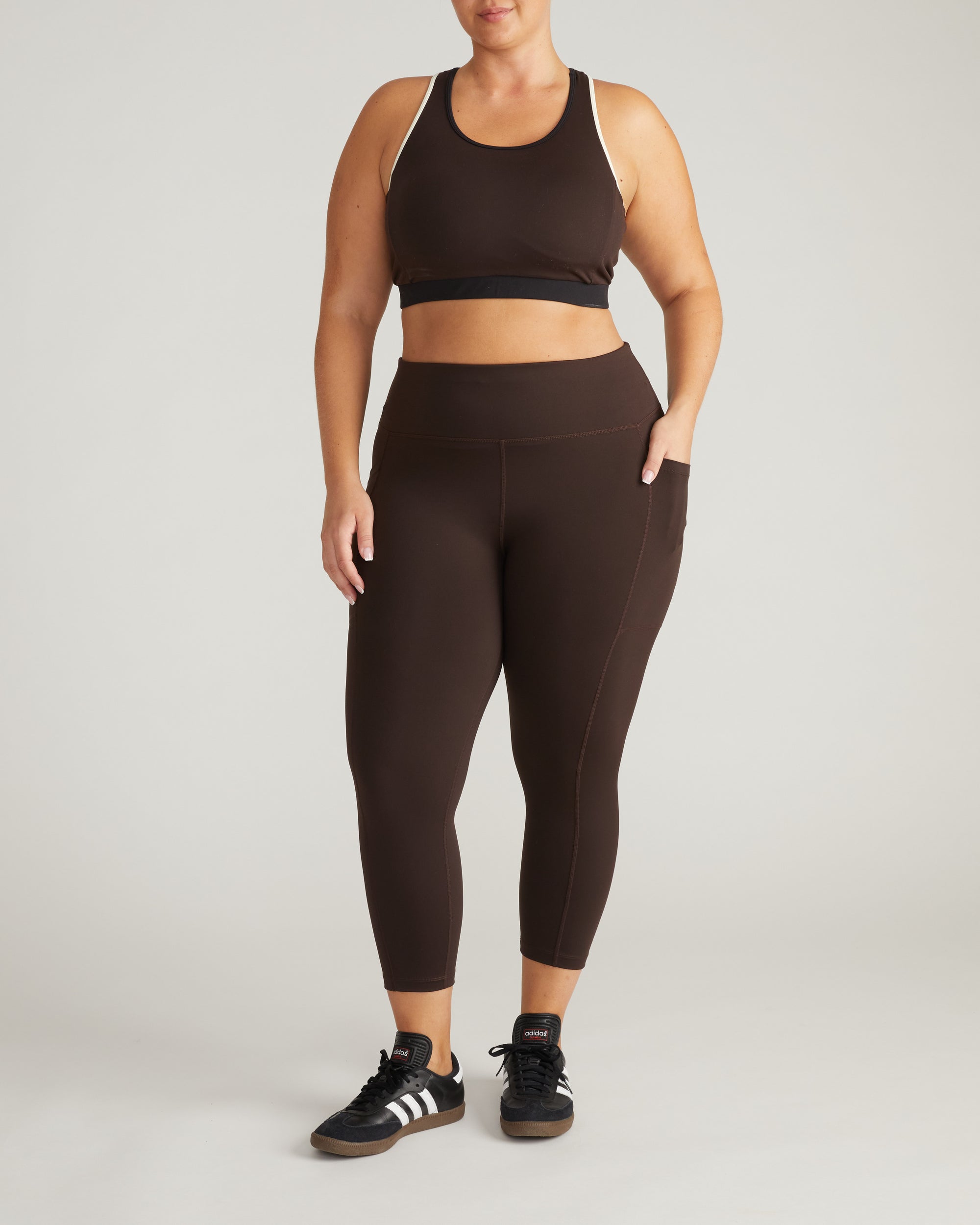 Next-to-Naked Racerback Sports Bra - Deep Brown/Dove Wing Trim | Plus Size & Straight Size Women's Fashion | Universal Standard