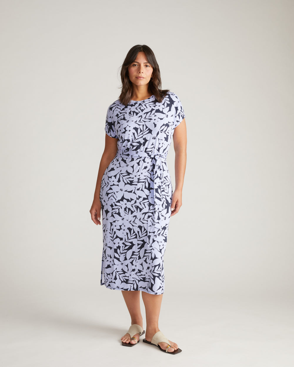 Belted Divine Jersey Dress - Petal Palette Print in Jacaranda