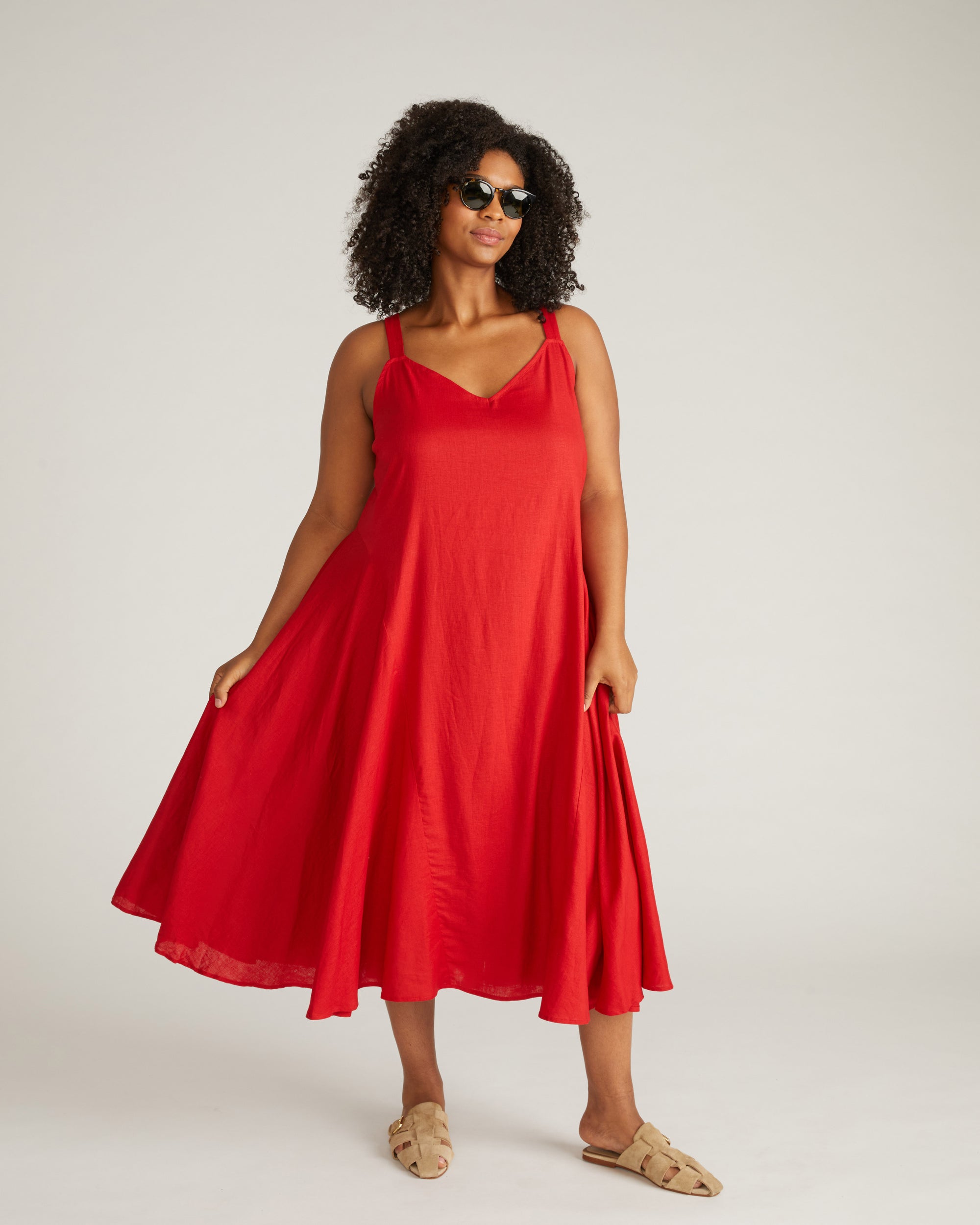 Sunshower Flowy Linen Dress - Ruby Red
