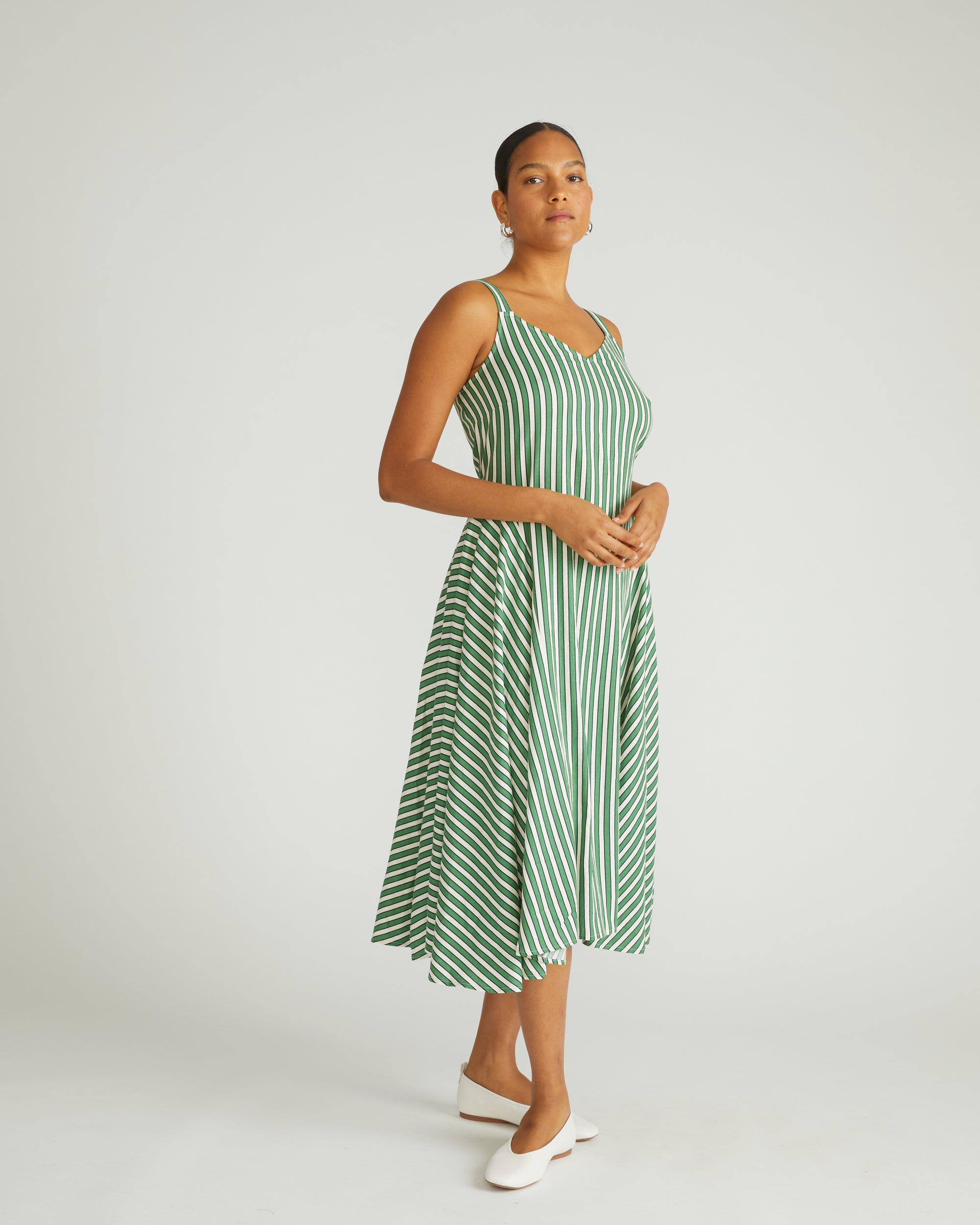 Sunshower Flowy Linen Dress - Clover/Beige Stripe