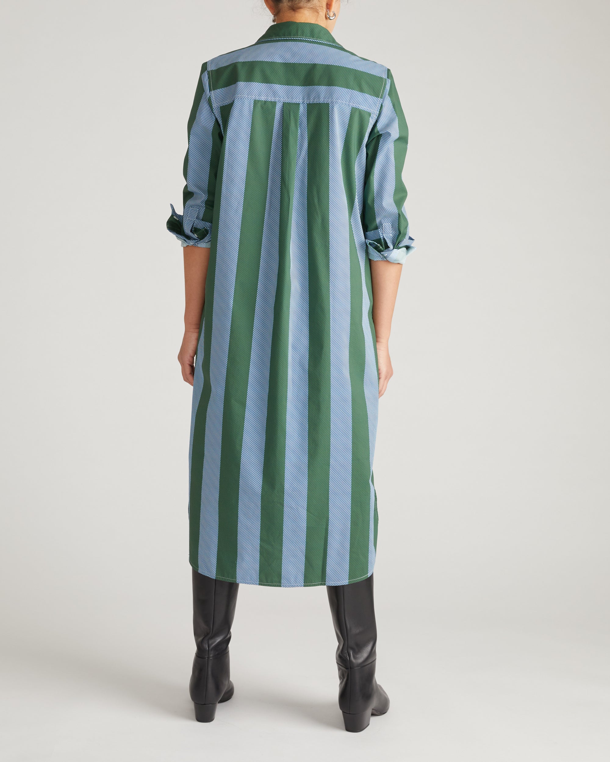 Odeon Stretch Poplin Shirtdress - Green/Blue Directional Stripe