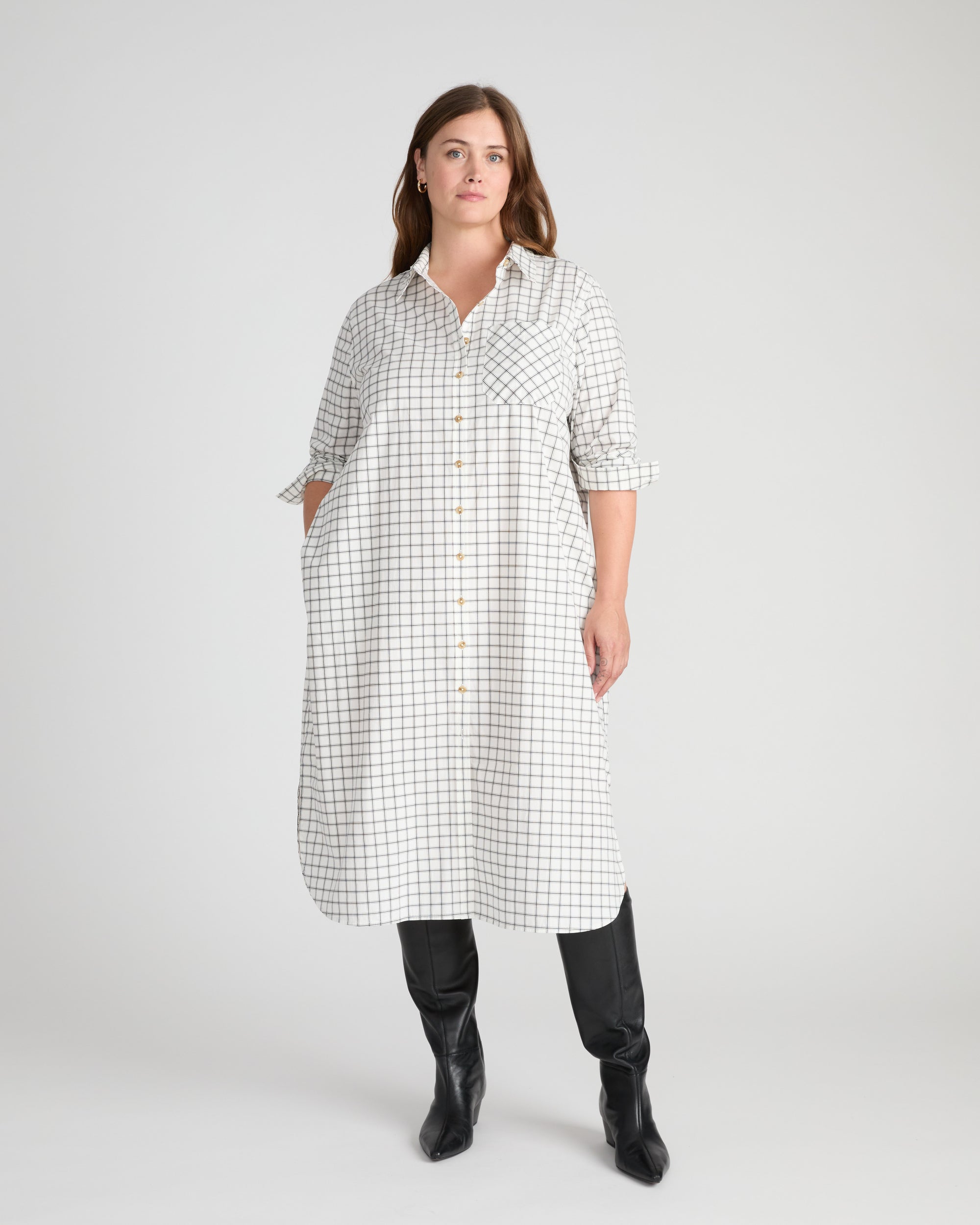 Odeon Stretch Poplin Shirtdress - White Windowpane Check | Plus Size & Straight Size Women's Fashion | Universal Standard