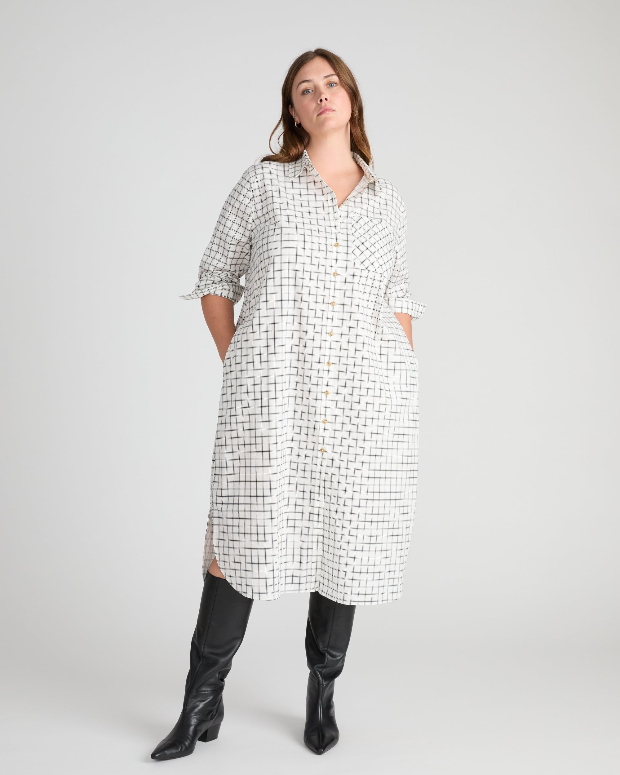 Odeon Stretch Poplin Shirtdress - White Windowpane Check | Plus Size & Straight Size Women's Fashion | Universal Standard