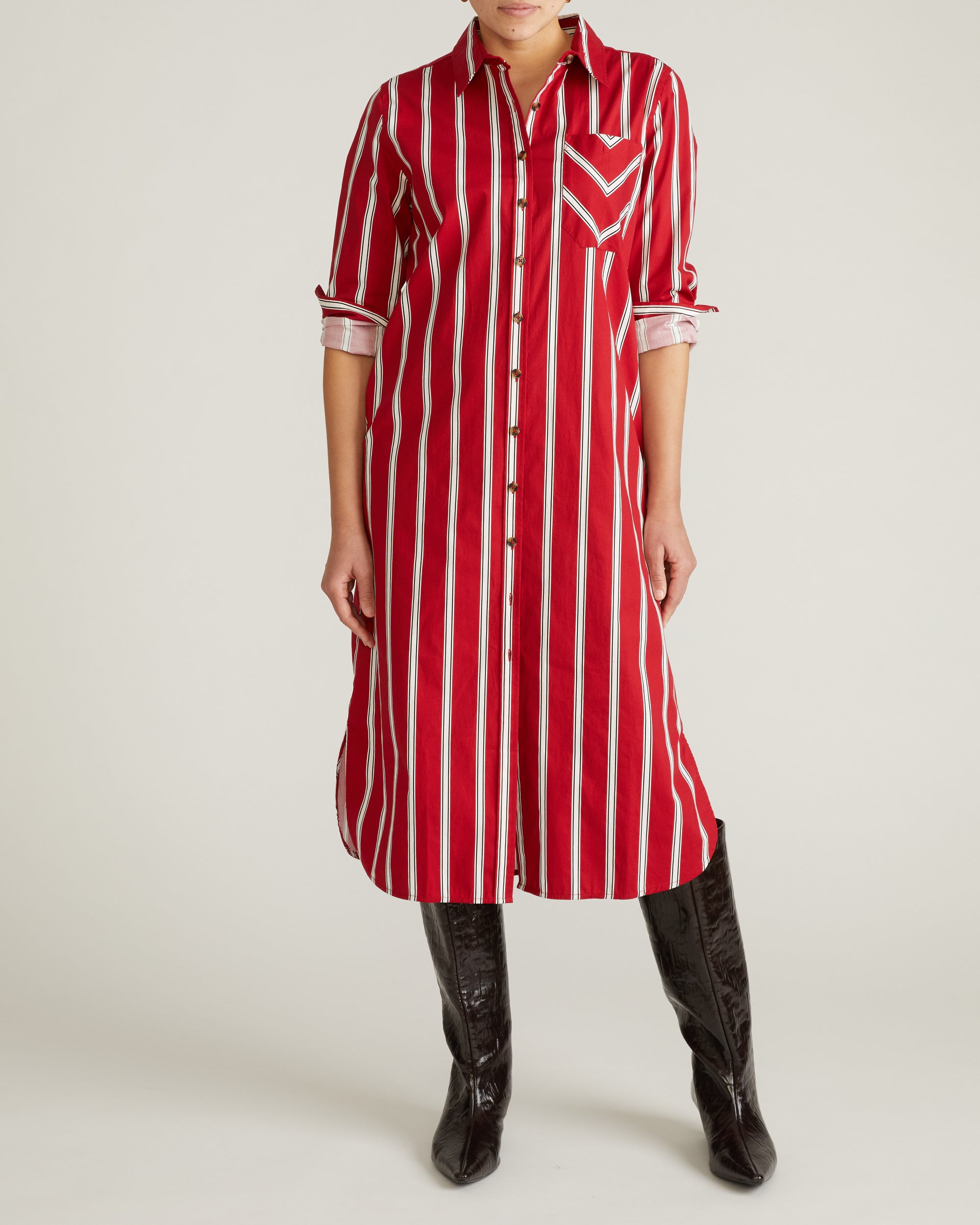 Woman wearing Odeon Stretch Poplin Shirtdress - Red/Black/White Stripe from Universal Standard